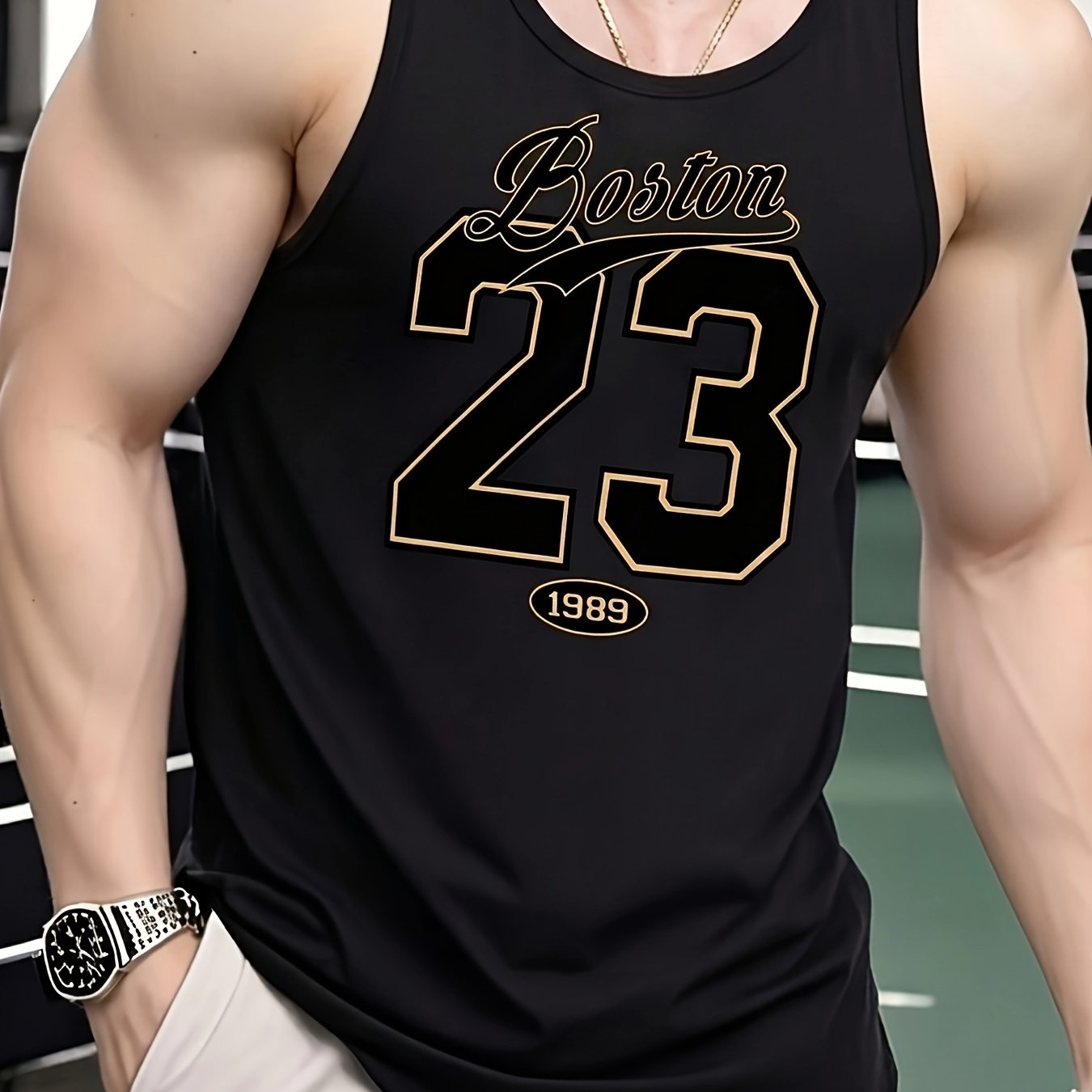TEMU [printed Design- Not Textured] Men's Sleeveless Vest - Boston 23 Printed Sports Vest - Men's Regular Fit Fitness Wear With Soft And Comfortable