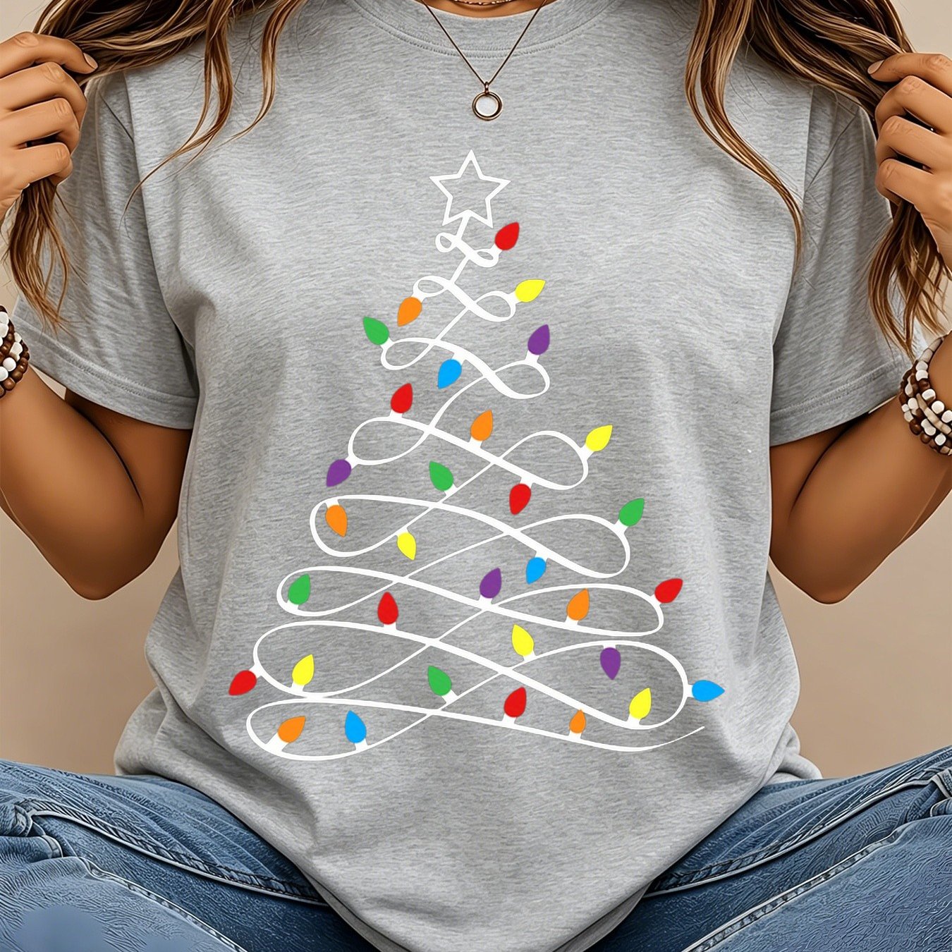 TEMU Plus Size - Women's Autumn With Christmas Tree Pattern String Lights And Star Decorations Cute Elegant And Stylish For Leisure And Parties Soft