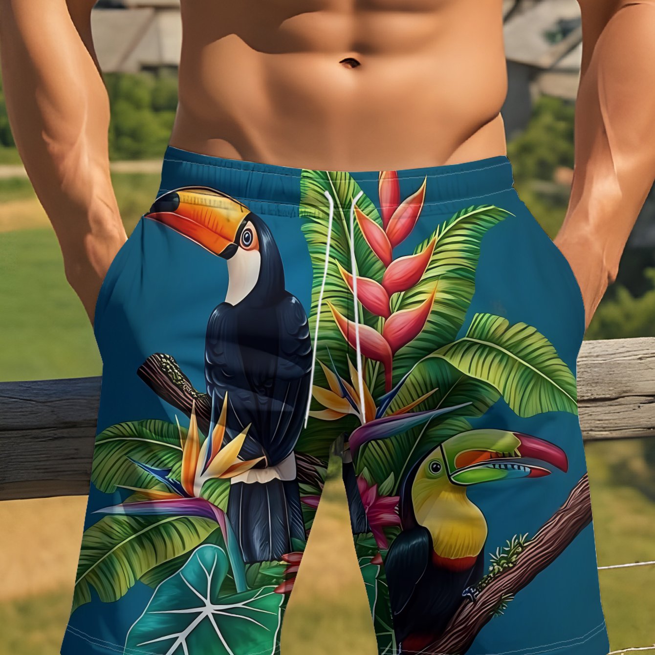 TEMU Men's Casual Shorts With Print On Tropical Branch Design