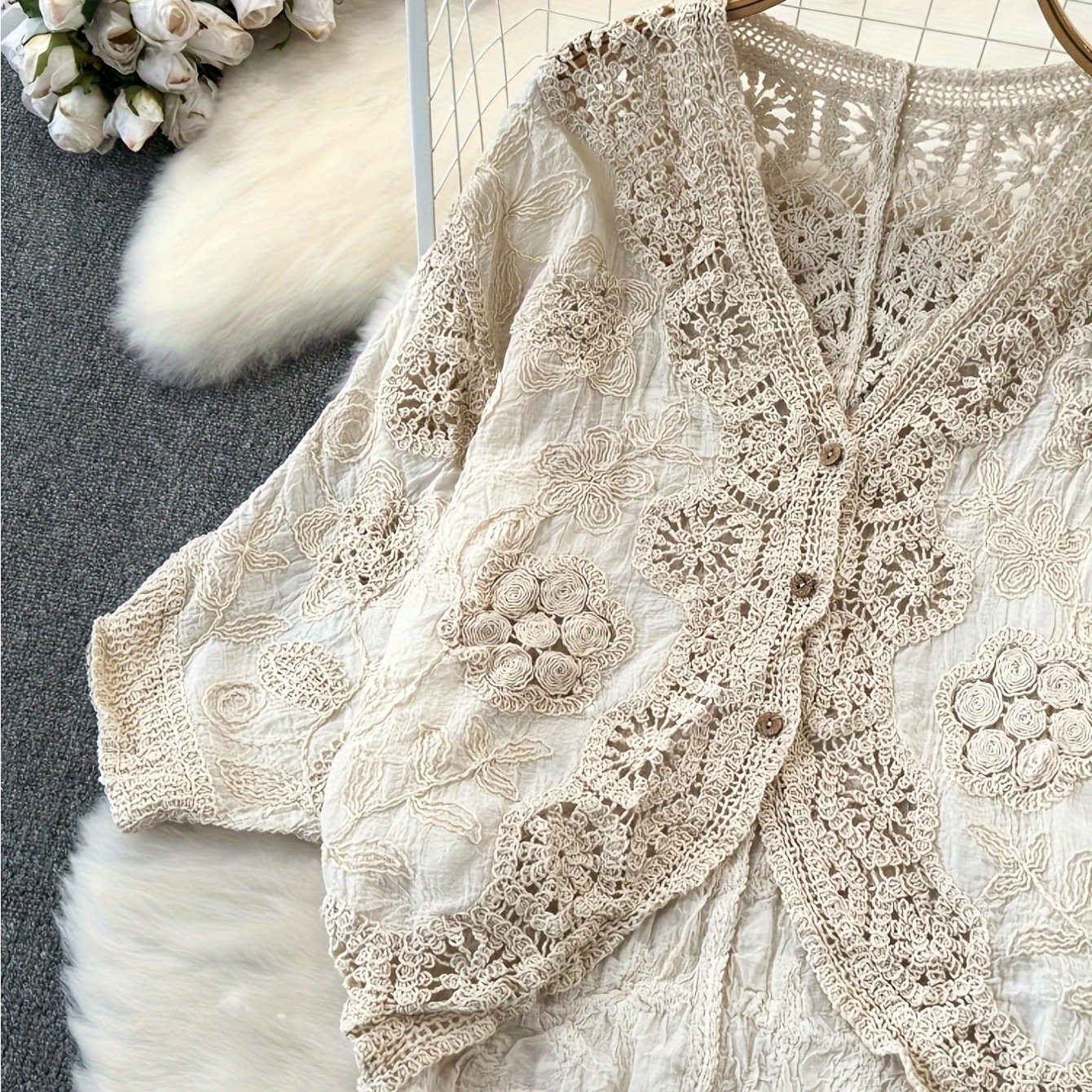 TEMU Women's Retro Korean Style V-neck Lace Cardigan - Hollow-out Detail, Loose Fit Lightweight Jacket For Spring Summer Fall, Solid Color Versatile