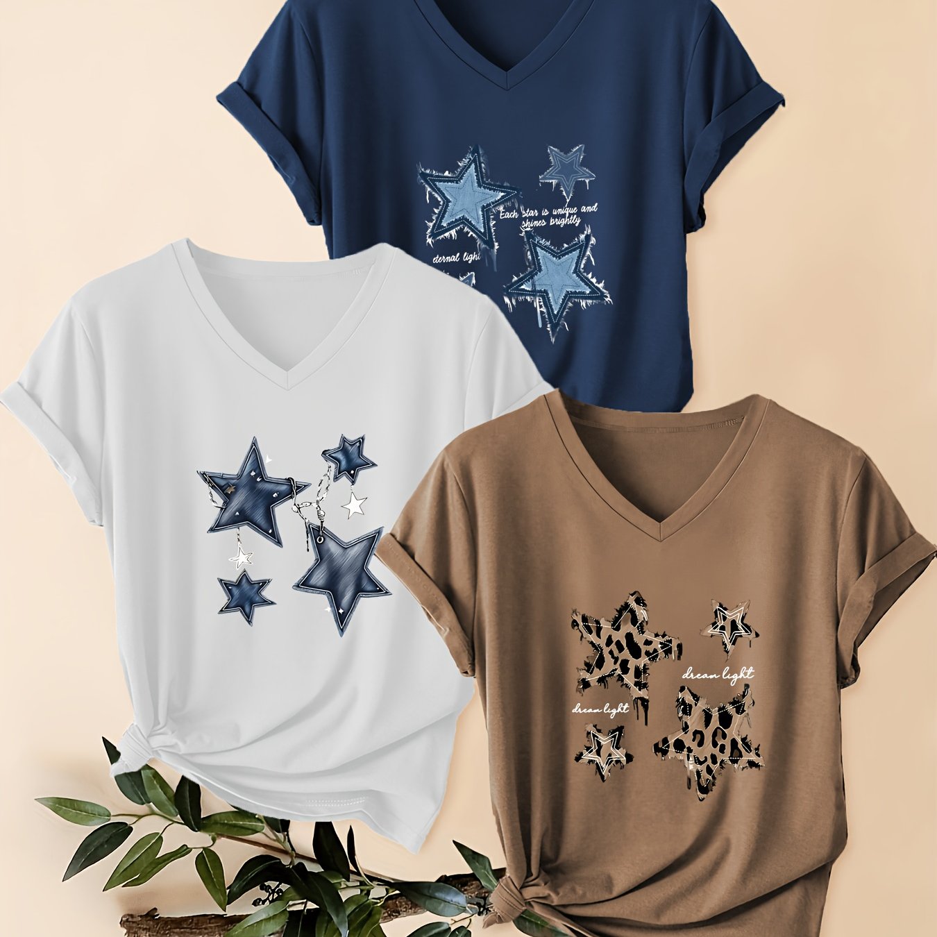 TEMU Lot de 3 t-shirts à manches courtes et col en V pour femme - Blouse décontractée à imprimé , opaque non transparente lavable en machine - Coupe