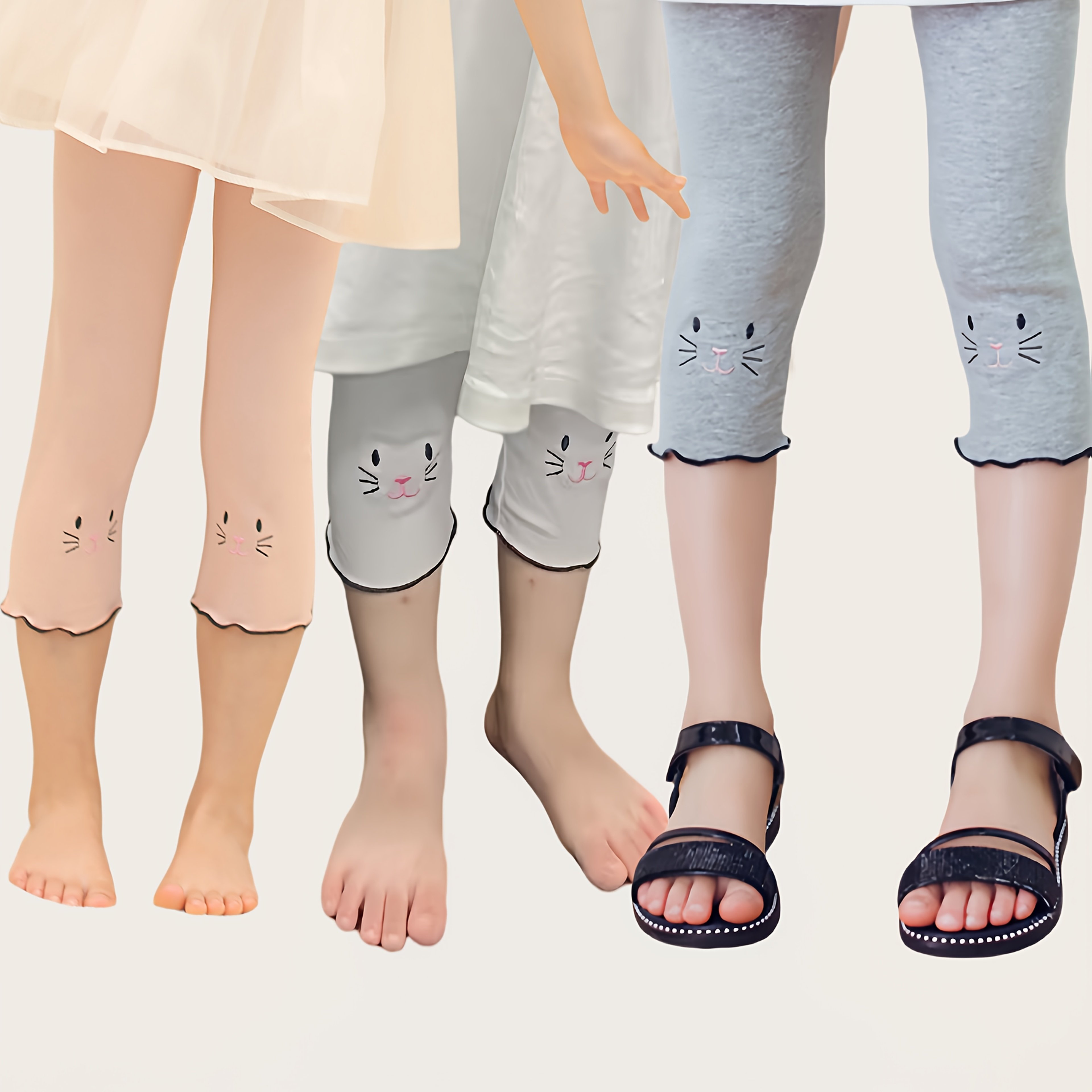 3-pack Girls' Embroidered Cat Ruffle Capri Leggings, Kids' Stretchy Summer Thin Pants