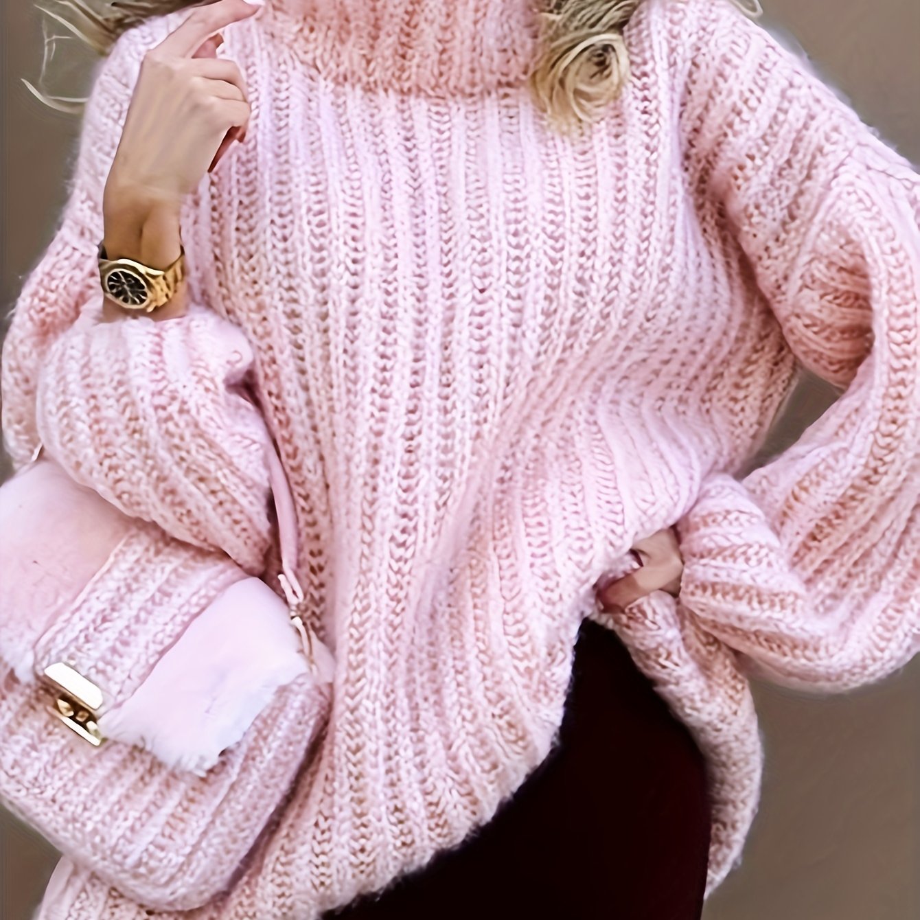 Casual Solid-color High-neck Pull-off Long-sleeve Top For Ladies And