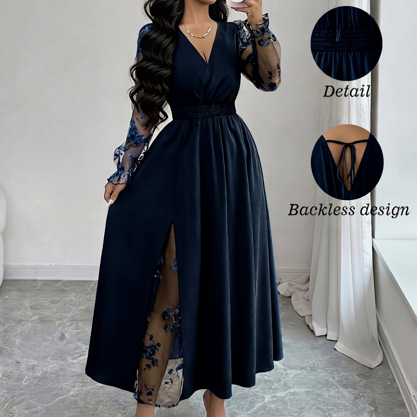 TEMU Directional 8072 Elegant Dress Solid Color Mesh Embroidered Long Sleeve V-neck Dress Gown Women's Bridesmaid Dress