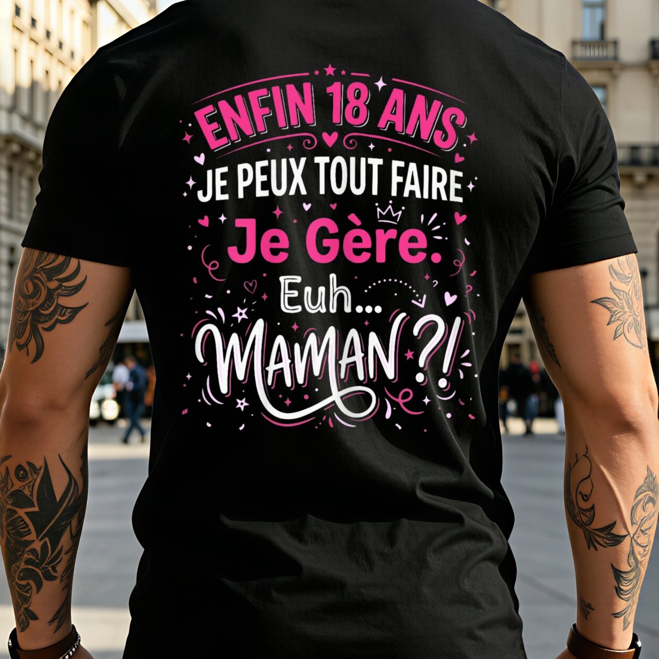 TEMU T-shirt unisexe 18 Ans avec humour d'anniversaire français, lettrage rose et blague "Mama", et impression au dos