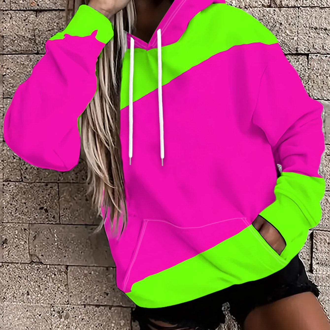 TEMU Women's Hooded Sweatshirt With Rose-red Stripes On Base, Featuring Irregular Edges - Trendy And Simple With Vibrant, Fashionable Patterns