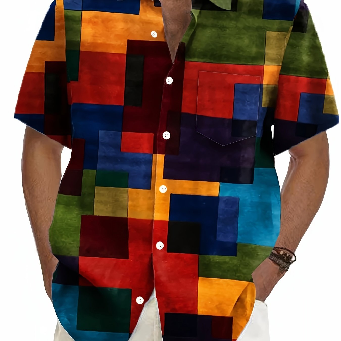 Image of Retro-inspired Men's Plus Size Button-up Shirt With Vibrant Geometric Color Block Print, Short Sleeves & Chest Pocket - Lightweight Polyester, Ideal For Summer, Plus Size Shirts, Plus Size