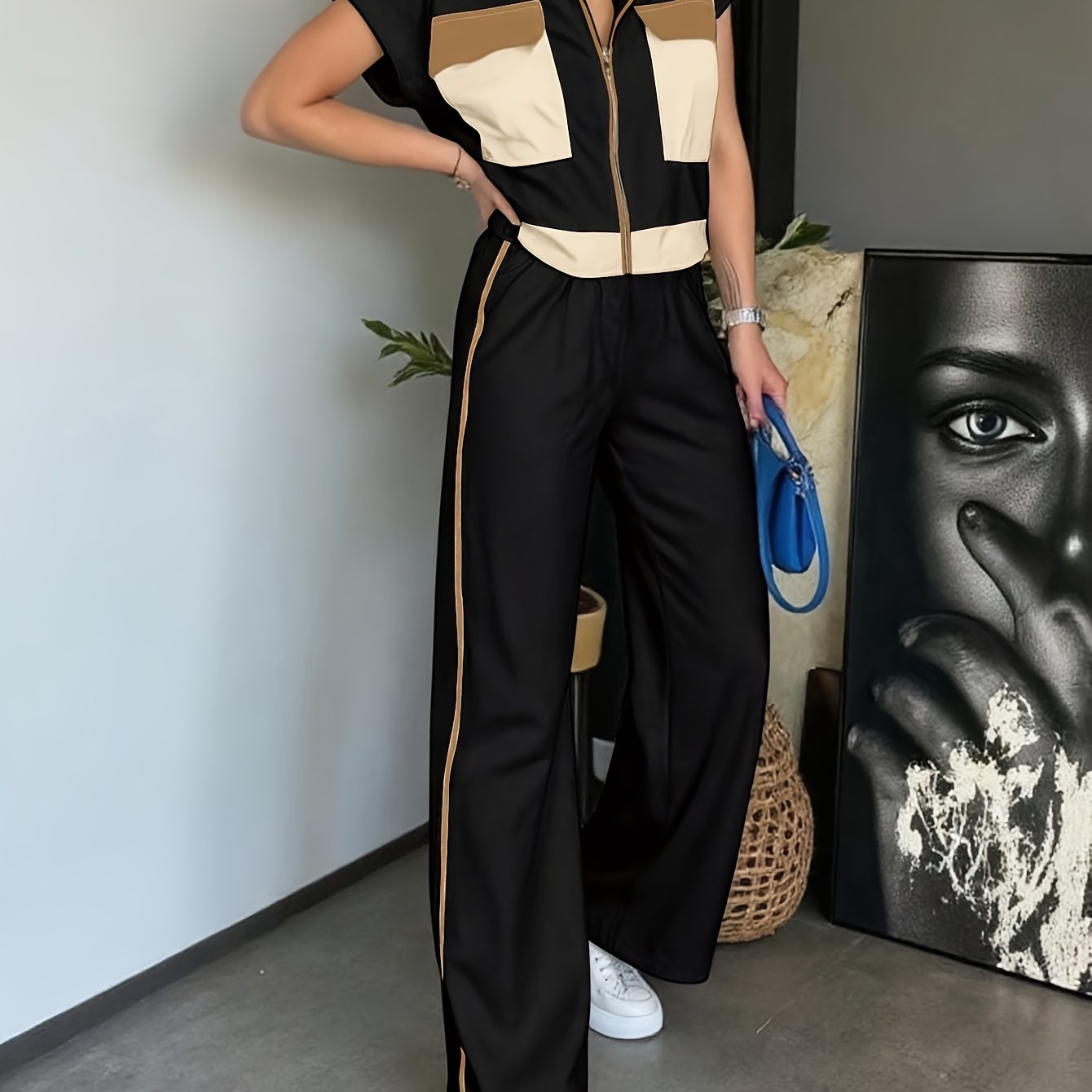 E-shop Neues Frühlings-/Sommer-Modeset mit , zweiteiliges Set mit kurzem Ärmel, Reißverschluss-Design und weiten Hosen, lässiges Damen-Hosen-Set