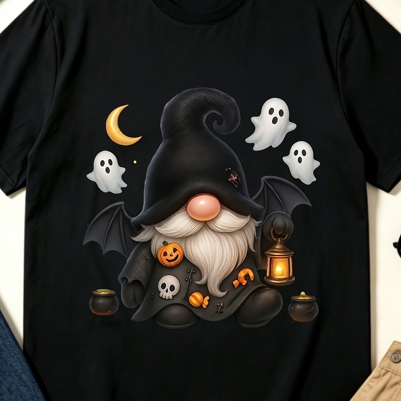TEMU Halloween Cute Gnome Style, Men's T-shirt, Witch Gnome With Pumpkin And Lantern Design, Versatile Match Tee, Plus Size