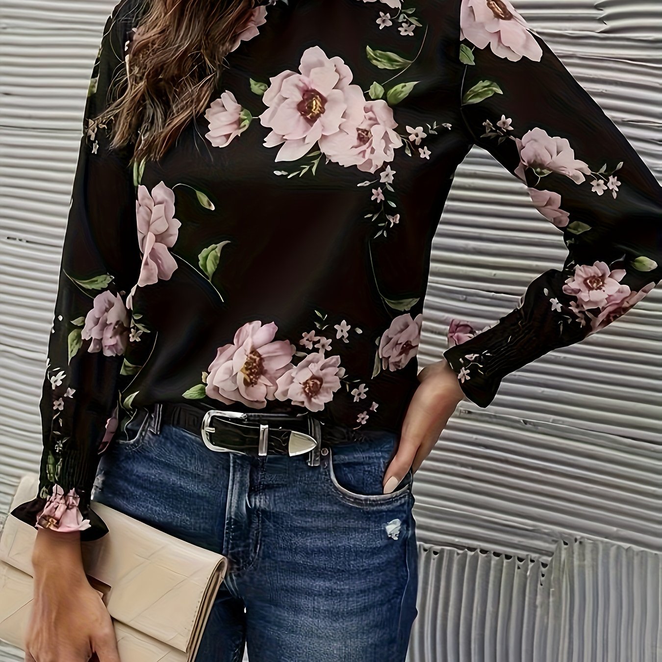 Women's Elegant Floral Print Stand Collar Long Sleeve Shirt