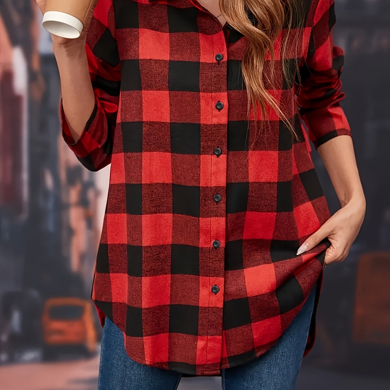 Red Checkered Print Front-button Women's Shirt, Loose Casual Long Sleeve Top And Jacket