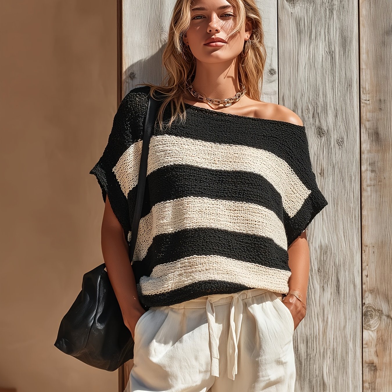 TEMU Women's Spring Summer Contrast Off-shoulder Short Sleeve Top, Color-blocking Casual Blouse