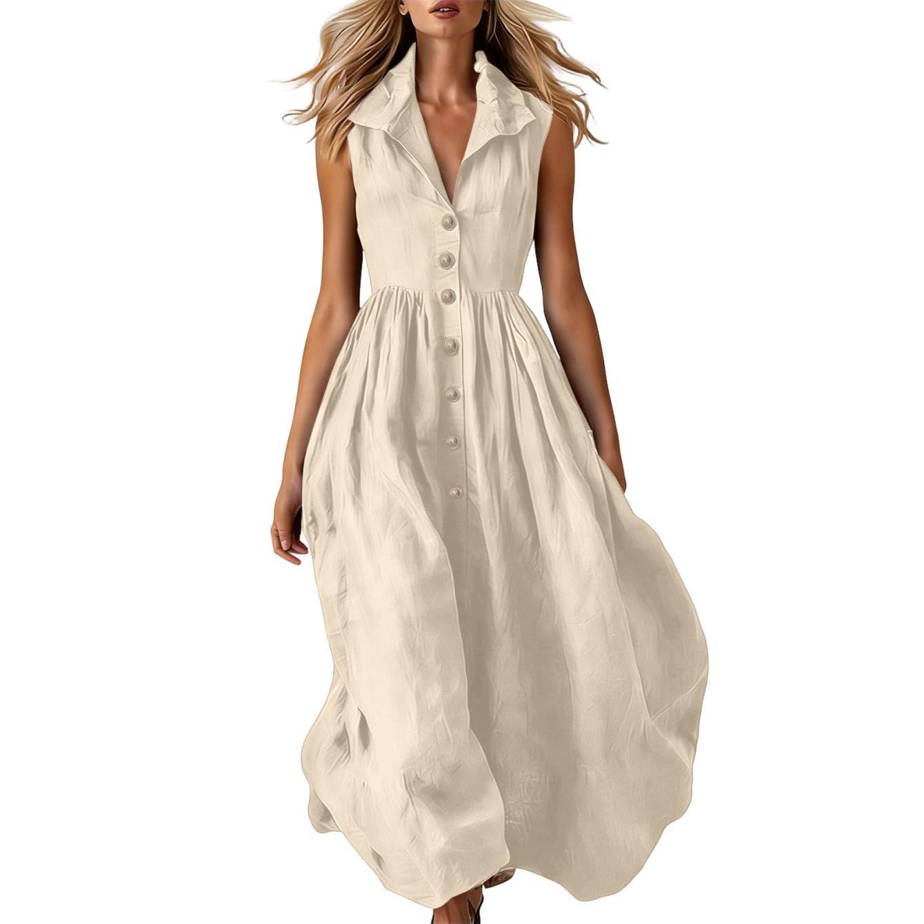 Image of Suitable For Work Women's Elegant Fashionable Casual Dress, Beach Vacation Solid Color Sleeveless Button Up Lapel Flattering Long Skirt, Highlights Feminine Charm