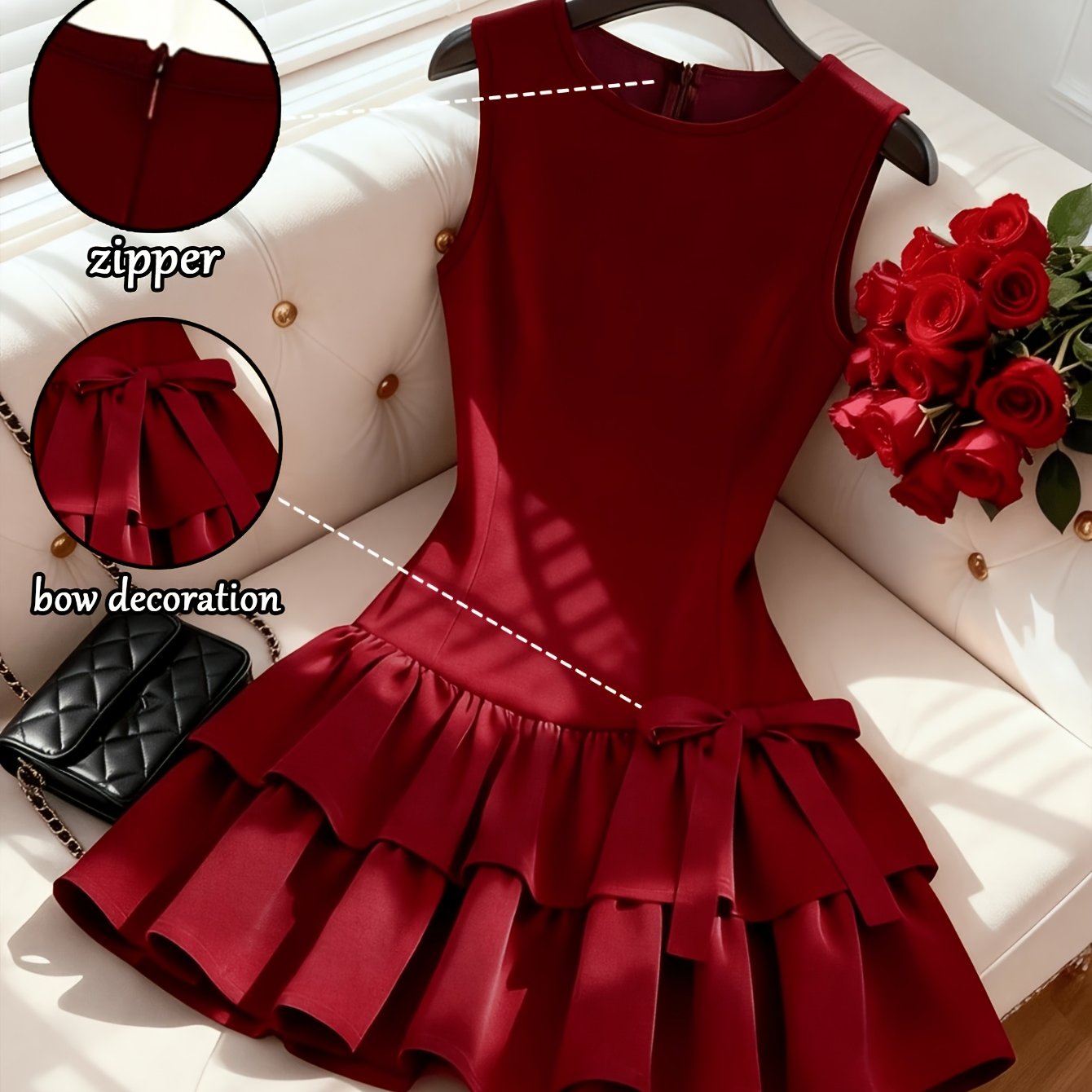 TEMU Robe manches style français, mini-robe avec nœud, idéale pour décontractées, et les tenues festives
