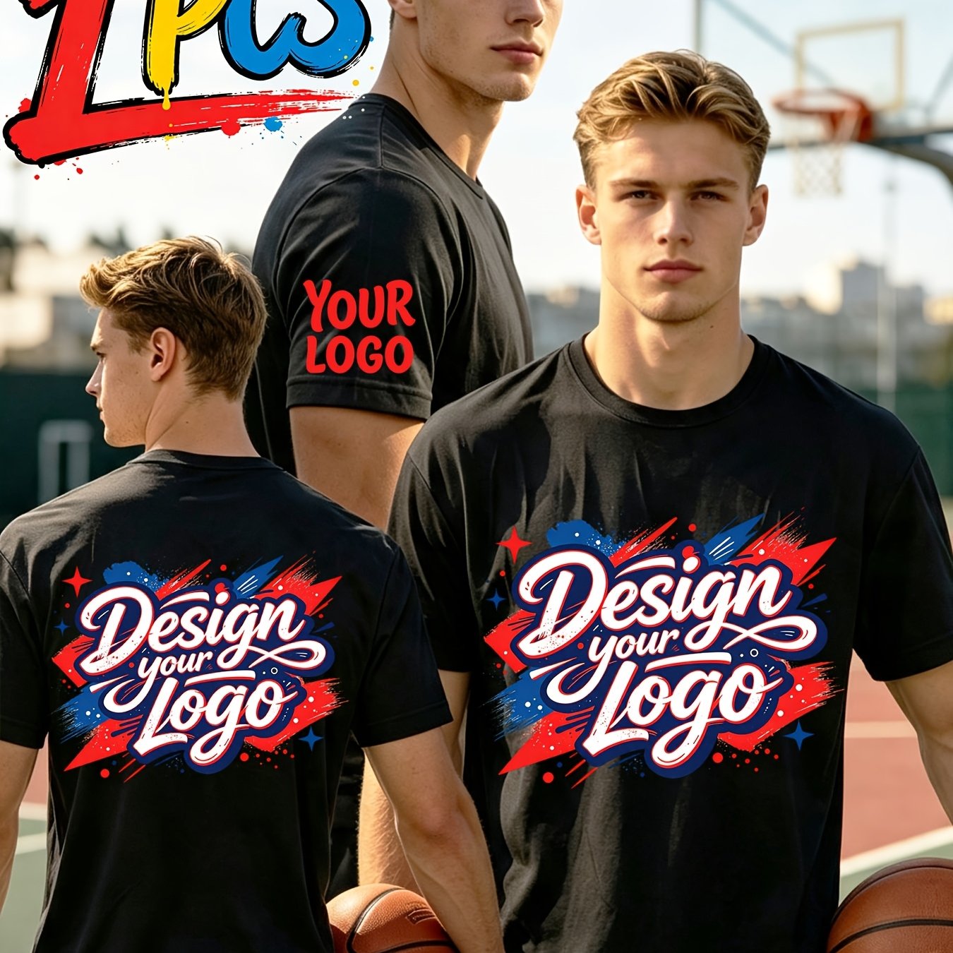 TEMU Custom Product, 1pc Pc, Men's Quick- T-shirt With 3-area Print (front, Cuffs, And Back). Customizable Logo/pattern/text. Lightweight,