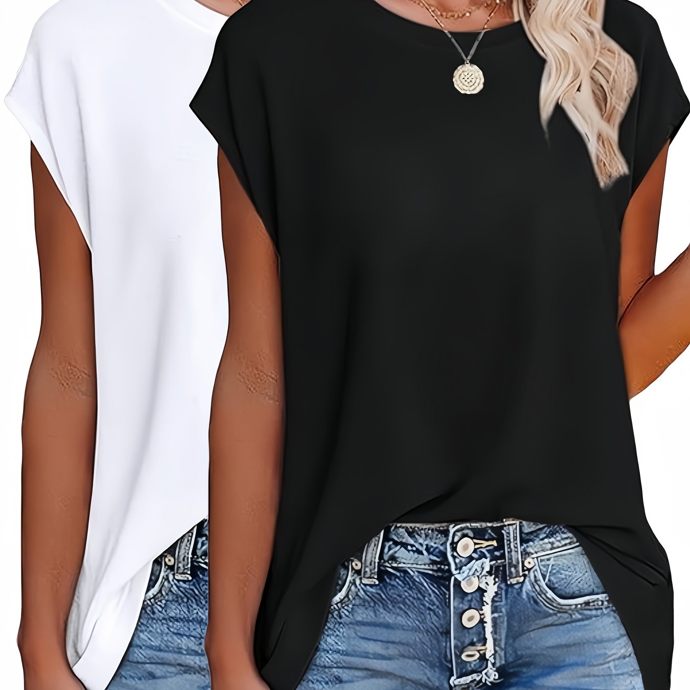 E-shop 2er-Pack Damen T-Shirts mit Rundhalsausschnitt - Vielseitige, bequeme Kurzarmshirts, für Freizeitkleidung