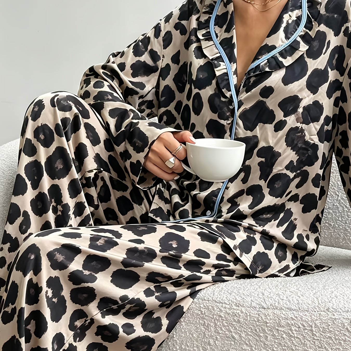 TEMU Spicy Style Leopard Print Satin Deep V Lapel Pajamas, Blue Trim Contrast Long Sleeve Cardigan And Wide Leg Pants, Daily Home And Outdoor