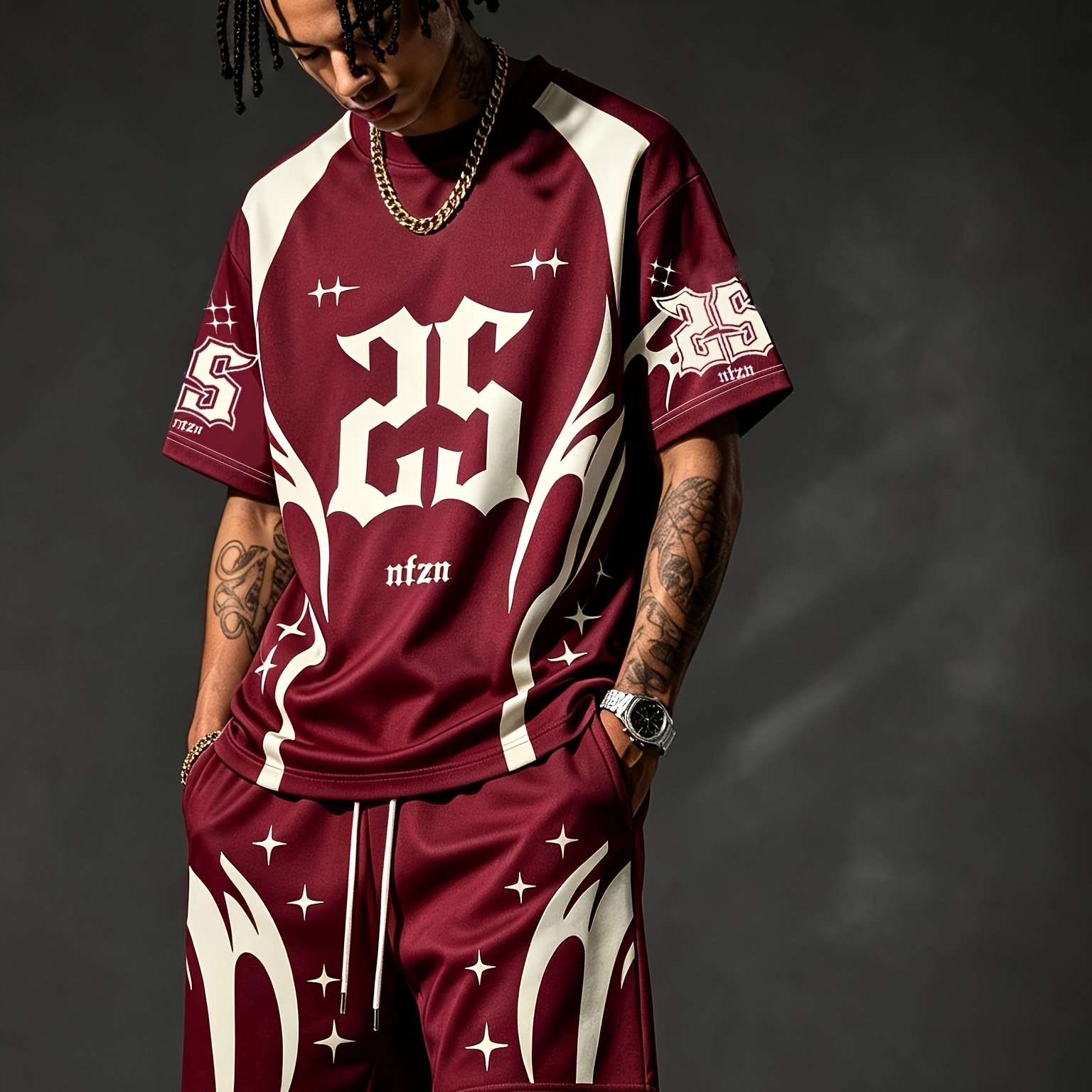 TEMU Men's Gothic Letter Graphic 2pcs Outfit, Hip Hop Streetwear Short Sleeve Jersey Top And Drawstring Waist Shorts Set, Casual Sport Tracksuit For