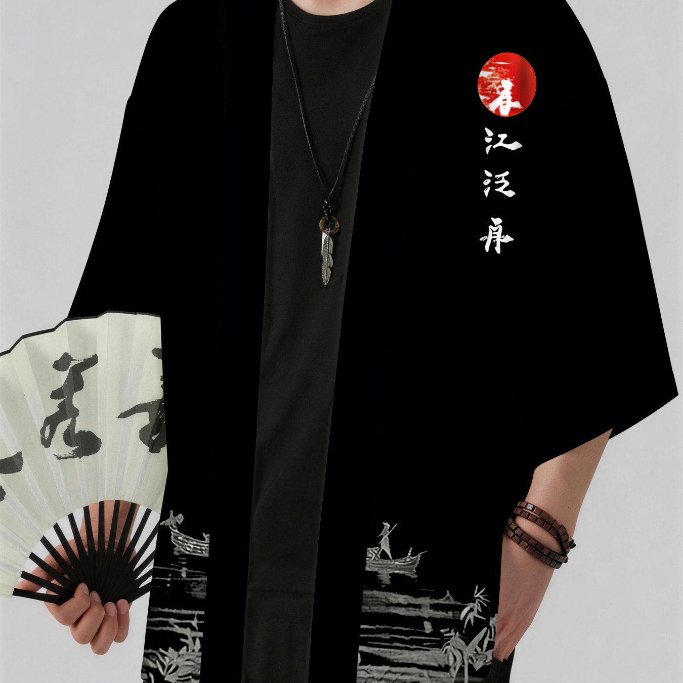 TEMU Boating Print Kimono Cardigan Long-sleeve Outerwear, Unisex Casual Polyester Woven Shirt, Collar Design, Regular Style - Ideal Gift, Comfortable