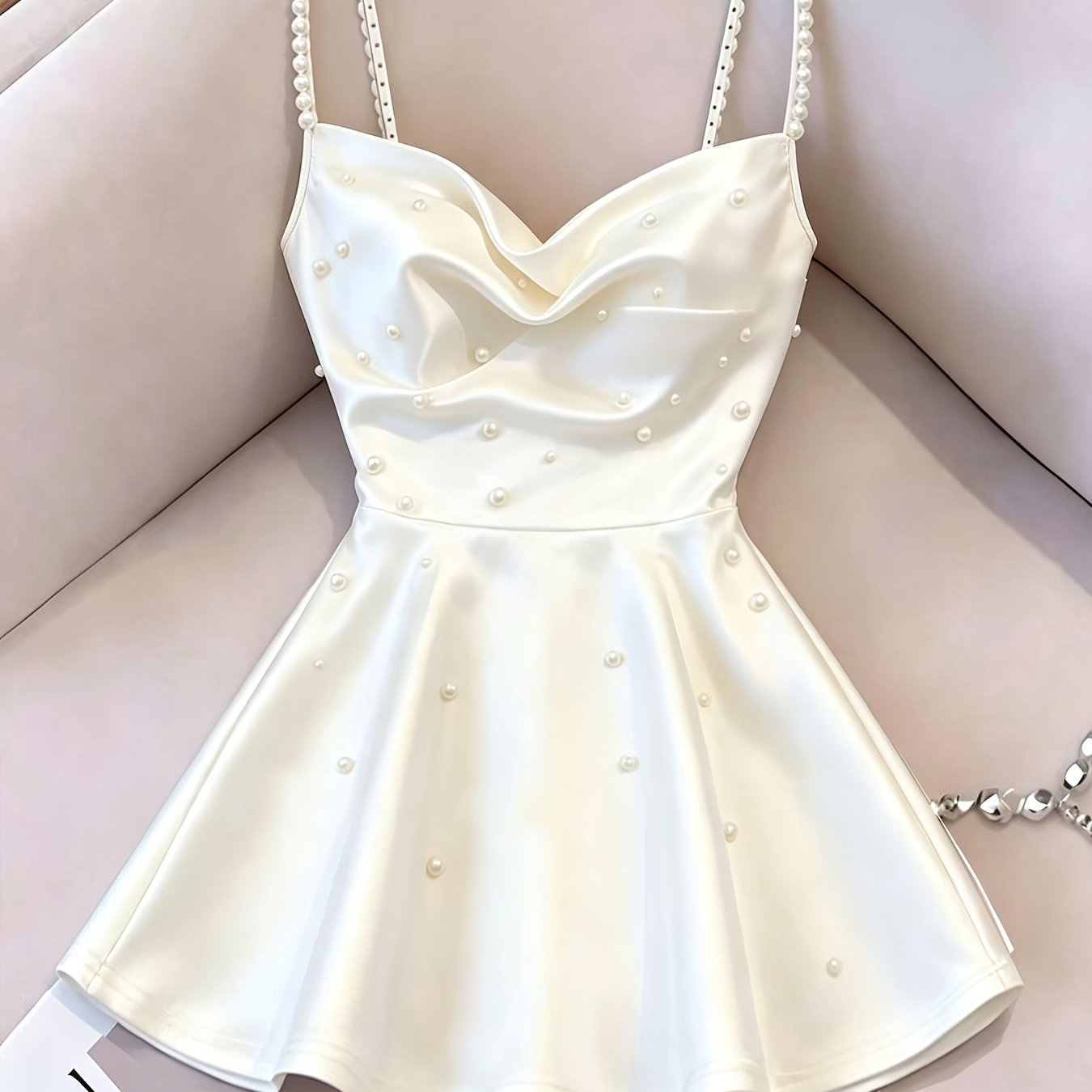 TEMU Women's Elegant Easy Solid Satin Spaghetti Strap Cami Dress, Pearl Detail, Summer Style