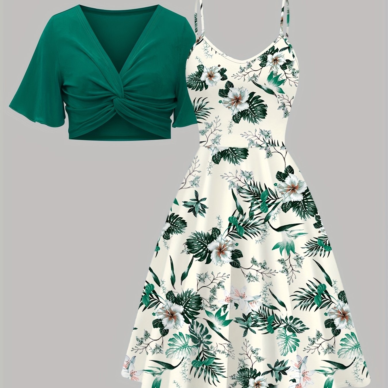 E-shop Damenschmuckiges Grün Kurzarm V-Ausschnitt Twist-Dekor Top Pflanzenprint Trägerkleid Zweiteiler Home Casual