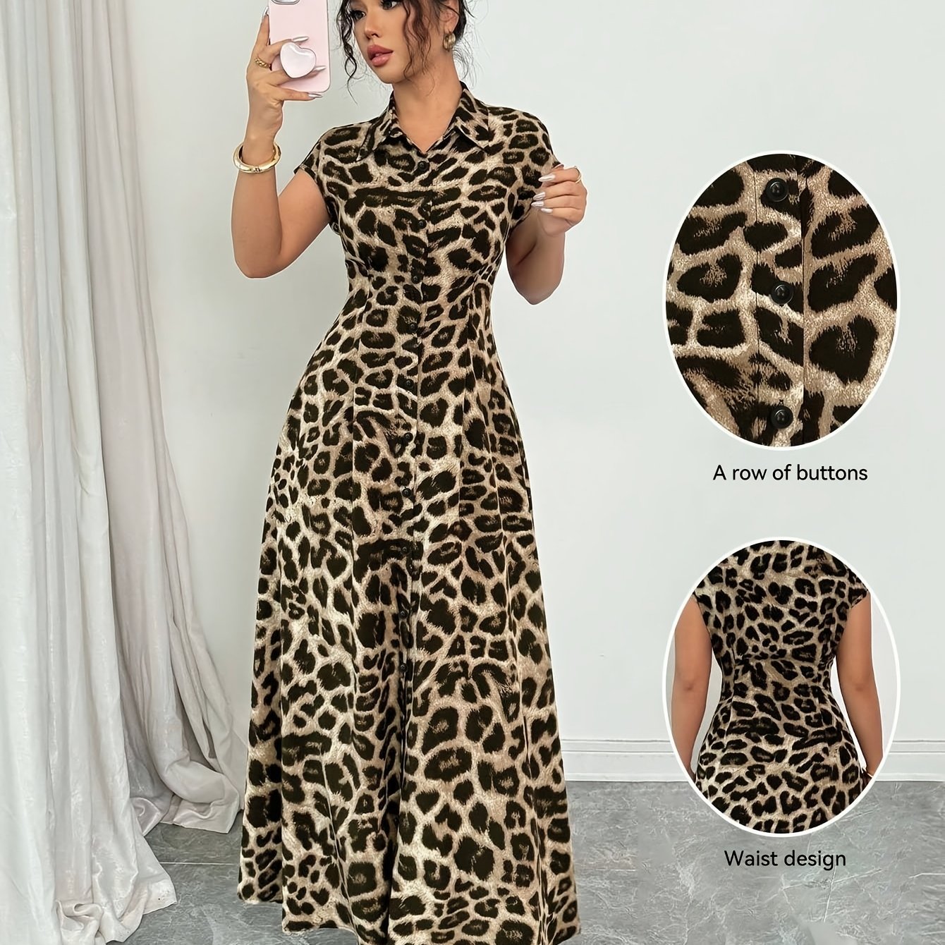 TEMU Western Spring/summer New Random Print Random Trim Elegant Casual Shirt Dress Long Dress