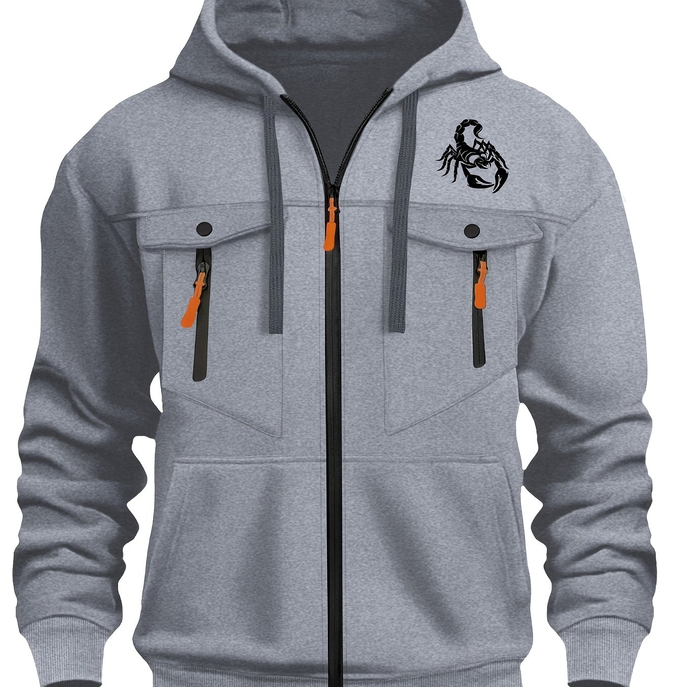 TEMU Men's Hooded Jacket - Full Coat And Overcoat With Front Zipper Closure, Animal Print Zipper Pockets - Machine Washable Outdoor Casual Coat For