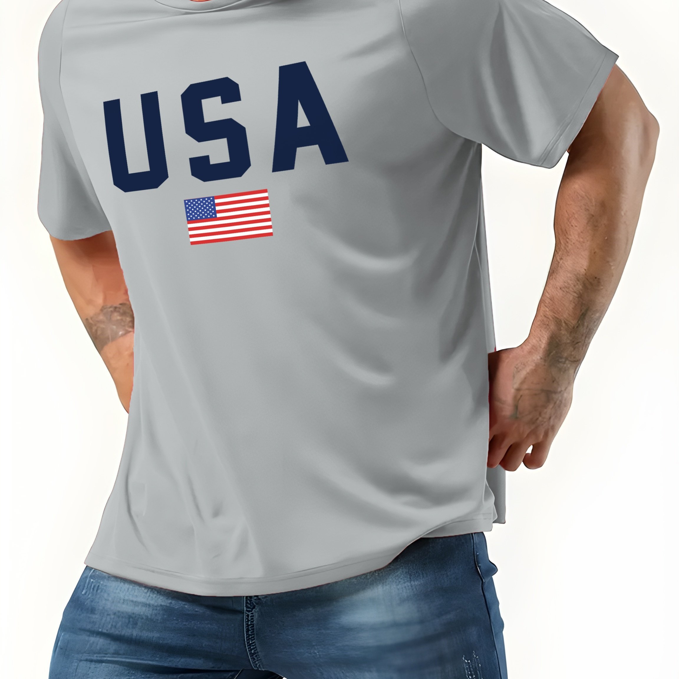 TEMU Plus Size Men's T-shirt, Usa Print, Summer Trendy Short Sleeve Tees For Male, Big & Tall