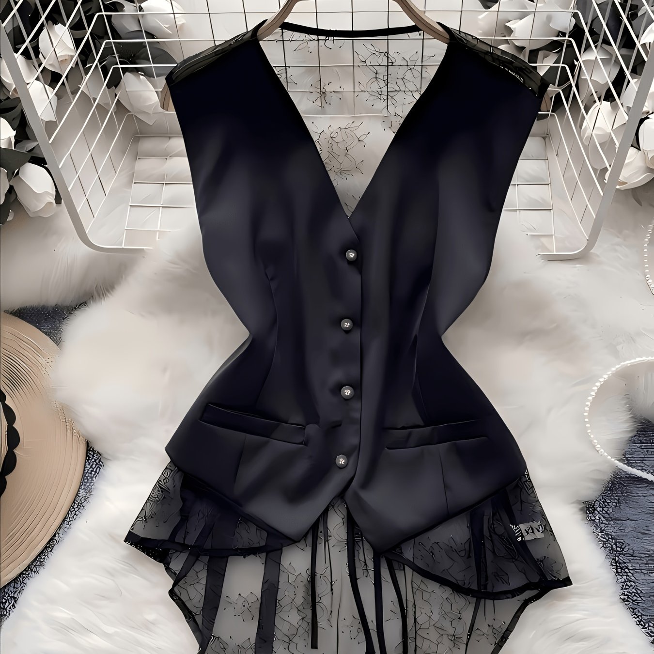 TEMU Women's Fashionable Casual Elegant Slim-fit Front Button Back Spliced Lace Cut-out Front Short Back Long Sleeveless Vest Jacket, Spring/summer