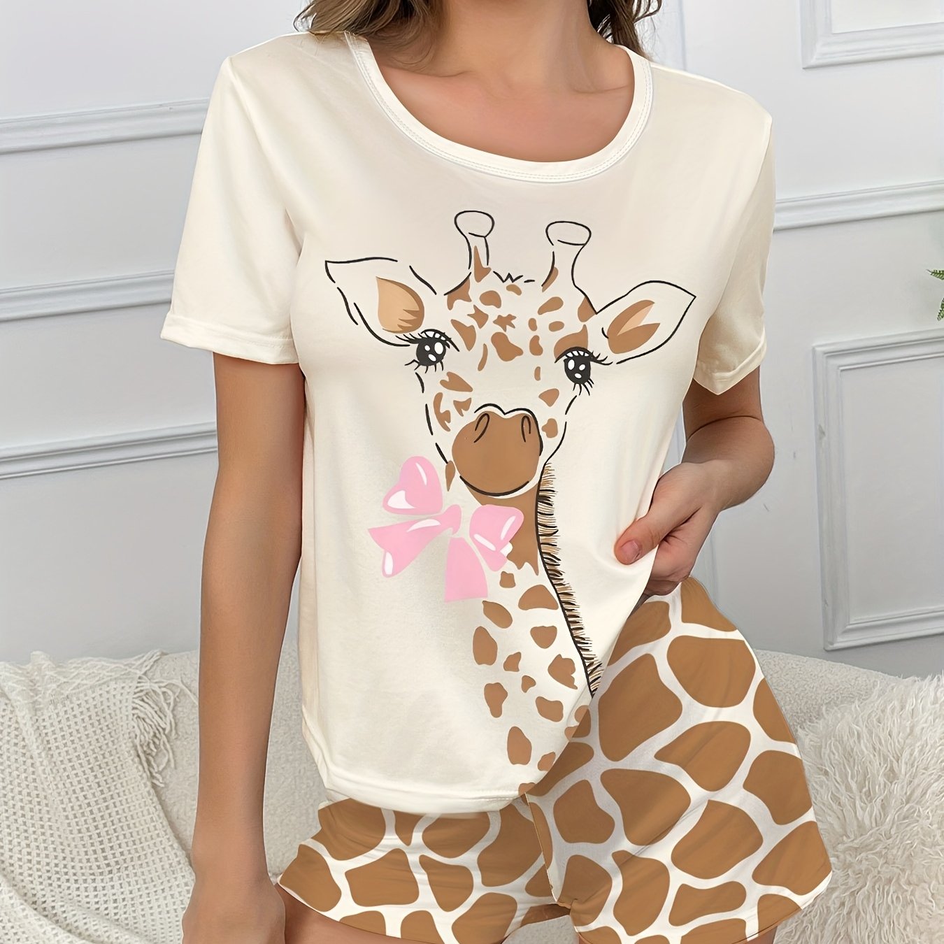 E-shop Damen Freizeit Komfortables Schlafanzug Set, Kurzarm Top und Shorts, Rundhalsausschnitt, Weicher Stoff, Geeignet für Frühling und Sommer