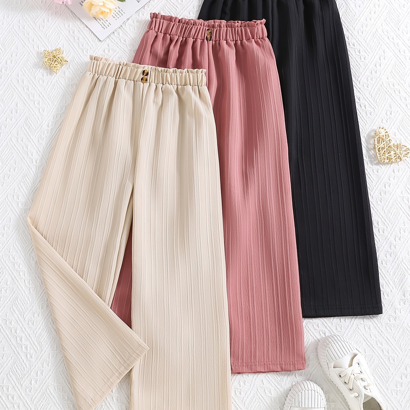 Image of 3-pc Of Girls' Trousers, Girls' Pants, Button Lace Elastic Waistband Trousers, Striped Trousers, Suitable For Of Season, Outdoor, Casual, Travel, Vacation, And Holiday Party Wear, For Outdoor
