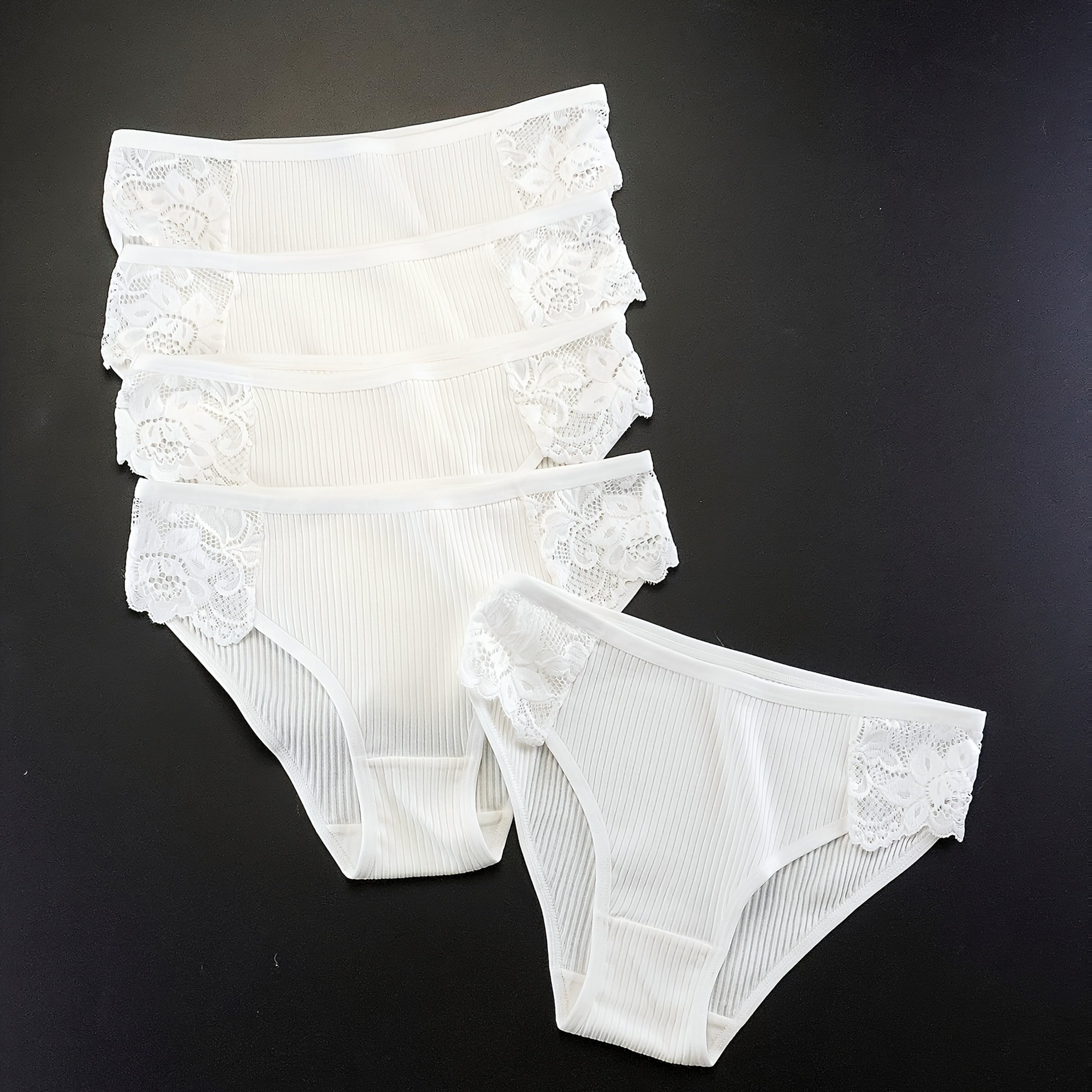 TEMU 5pcs Comfortable White Panties For Women Lace Trim Ribbed Panties Solid Color Stretch Underwear Ladies Soft Lingerie
