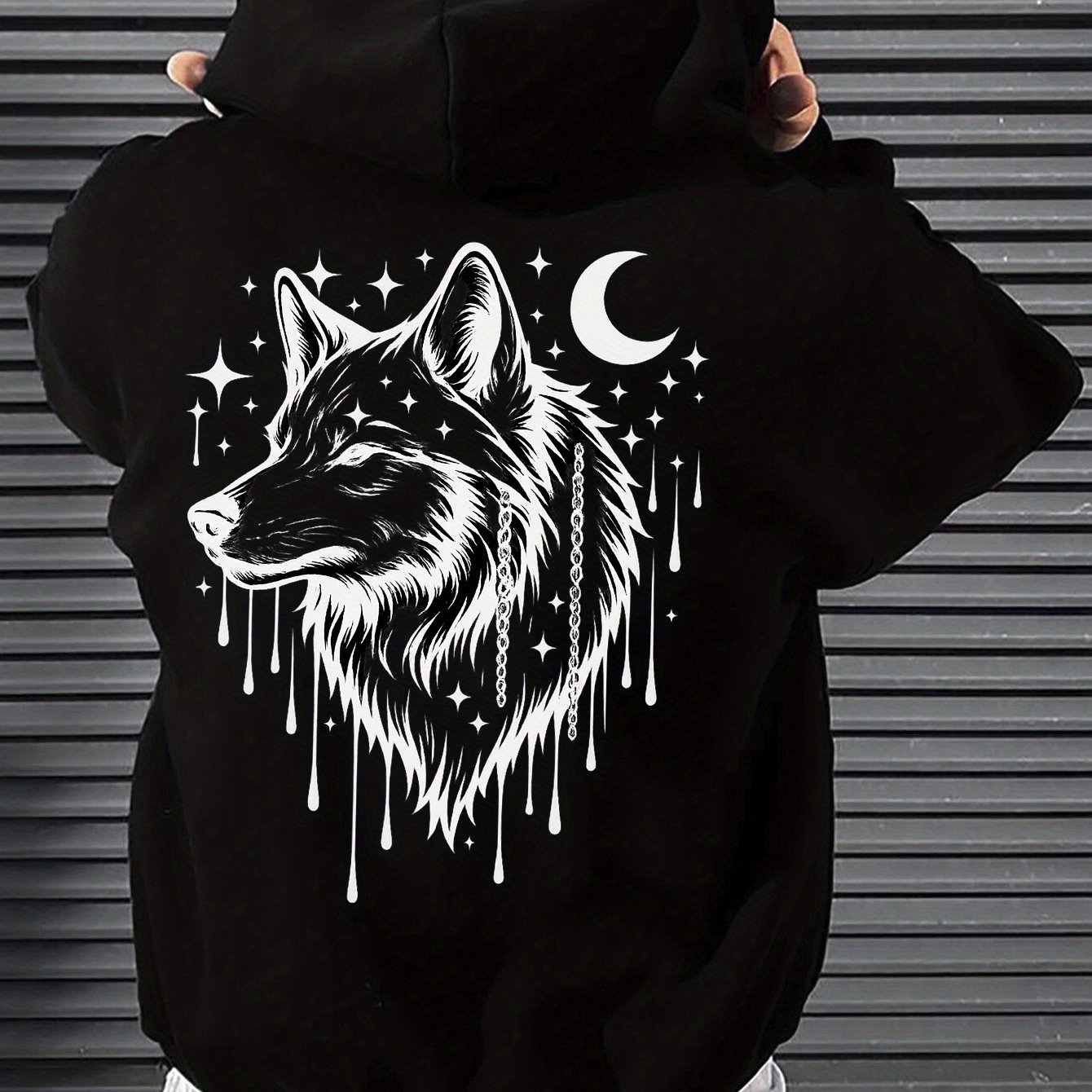 Image of Men's Wolf & Moon Stars Hooded - Thick Warm Winter Hoodie With Wolf Moon & Starry Night Design, Machine Washable Hoodie Suitable For Casual Outdoors, Gifts For , Wildlife Apparel