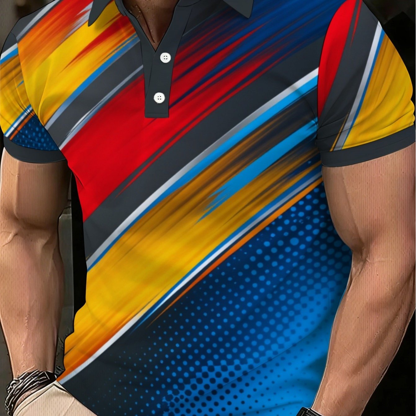 TEMU [printed Design, No Texture] Men's Colorful Striped Shirt, Lightweight Polyester Casual Wear, Suitable For Restaurants, Bars, And Outdoor
