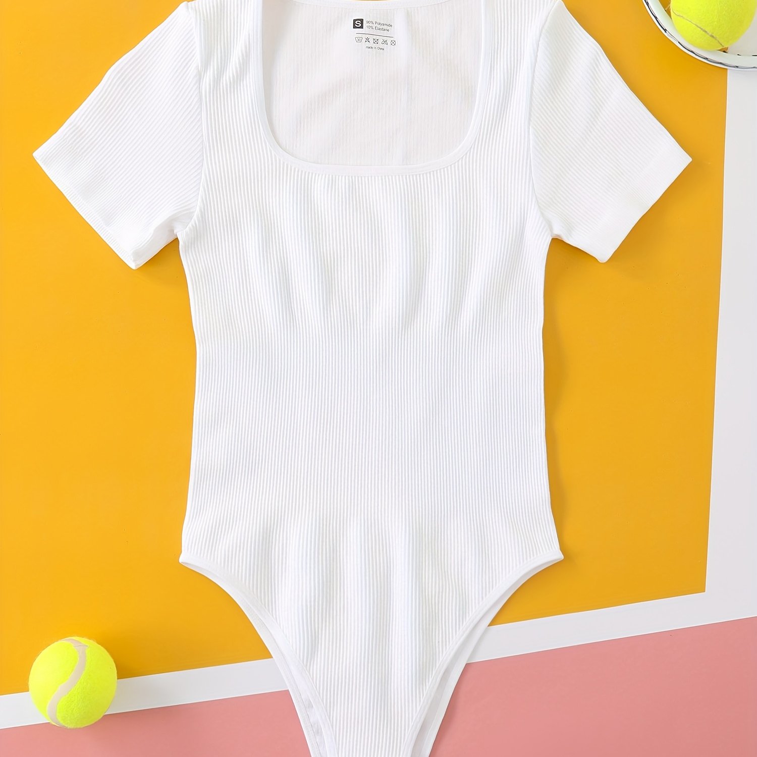TEMU Fly Seamless Ribbed Bodysuit For Women Breathable & Comfortable Short Sleeve Square Neck Fitness Leotard, High-waisted, Open-crotch, Activewear,