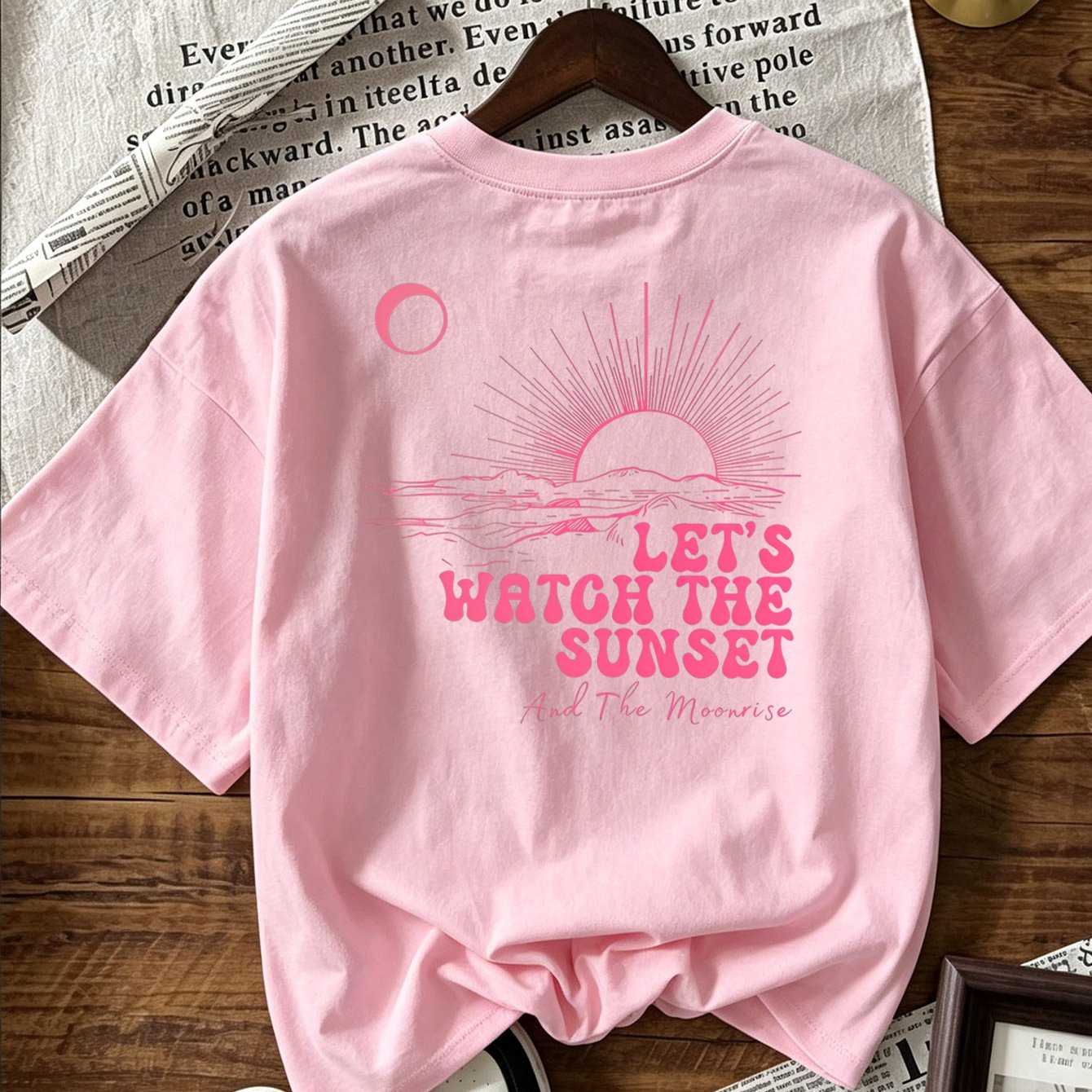 Image of Women's Summer T-shirt Cute Sunset Graphic Tee ' Watch The Sunset' Letter Print Wave Short Sleeve Casual Loose Fit White Top