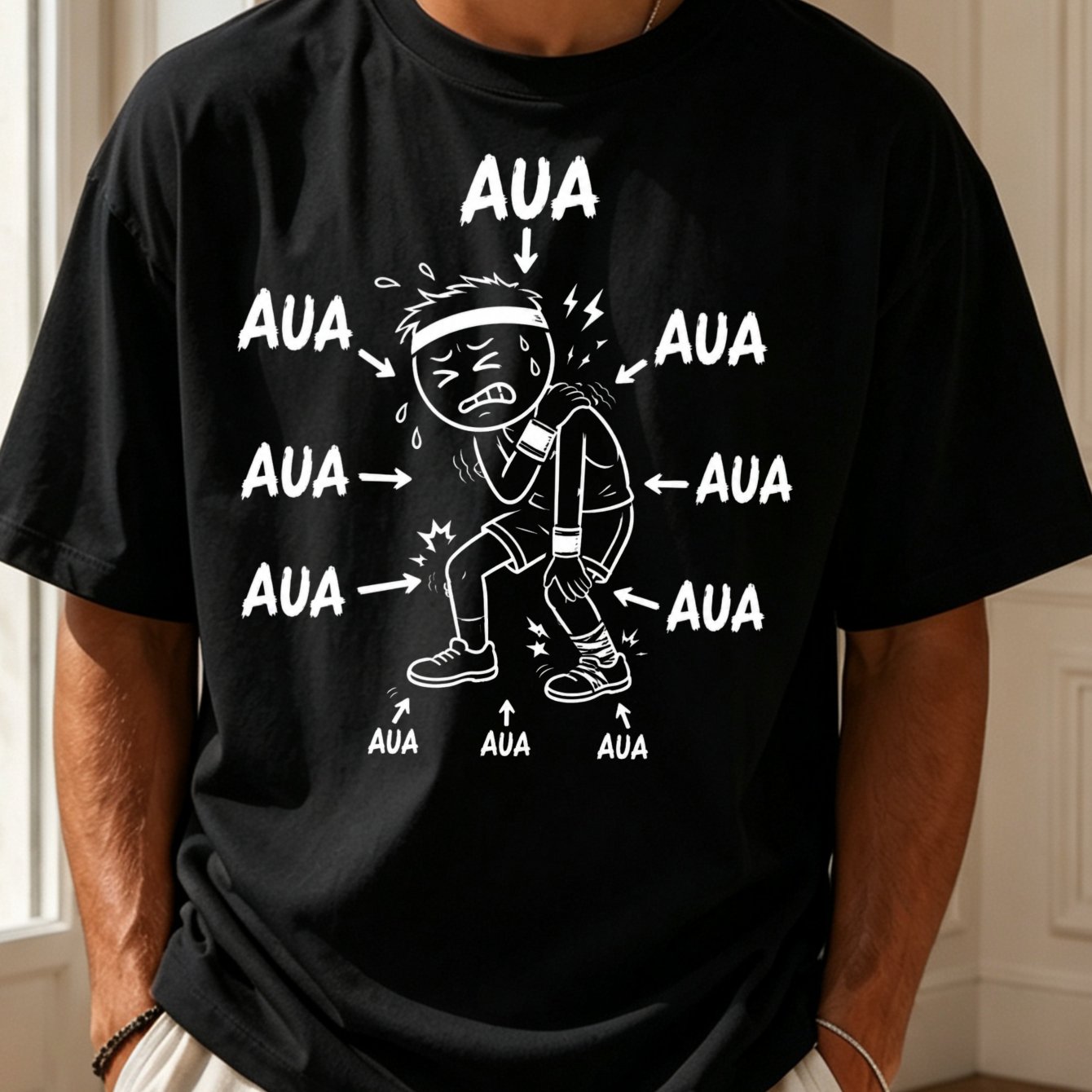 Aua German Comic Tee Limping Arrows White Line Art Repeated Aua Text Funny Body Ache Men's T-shirt