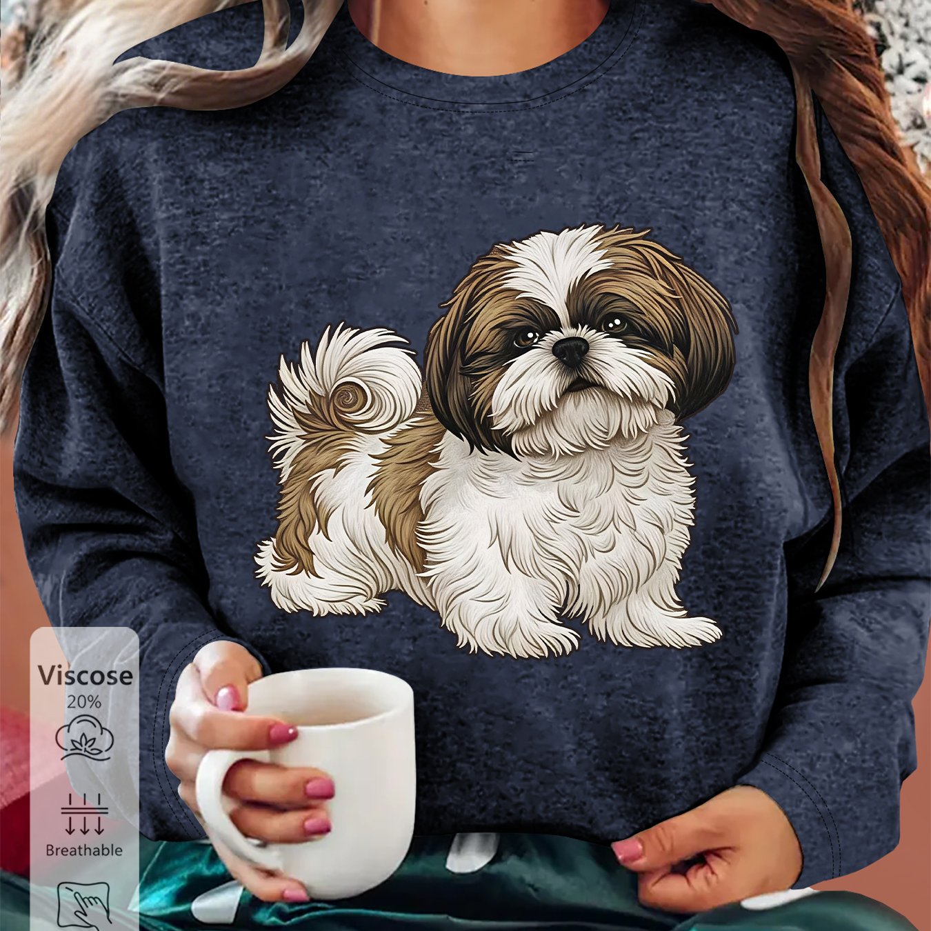TEMU [women's Fashion Refresh] Women's Summer Clothing Soft And Cute Shih Tzu Print Crew Neck Long Sleeve T-shirt Sports, Leisure, Comfortable, Soft