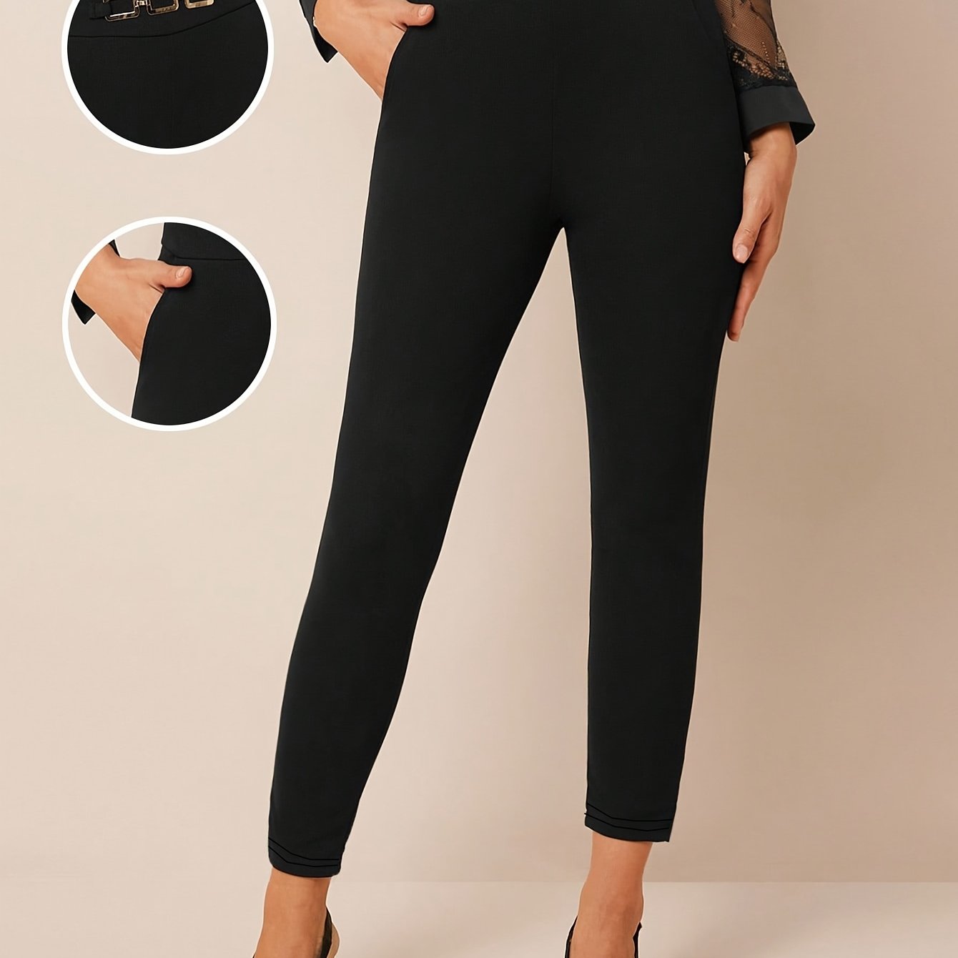 TEMU Women's New Solid Color High-waist Cropped Casual Pants With Metal Detail, , For Daily Commuting, Cute And Versatile Workwear