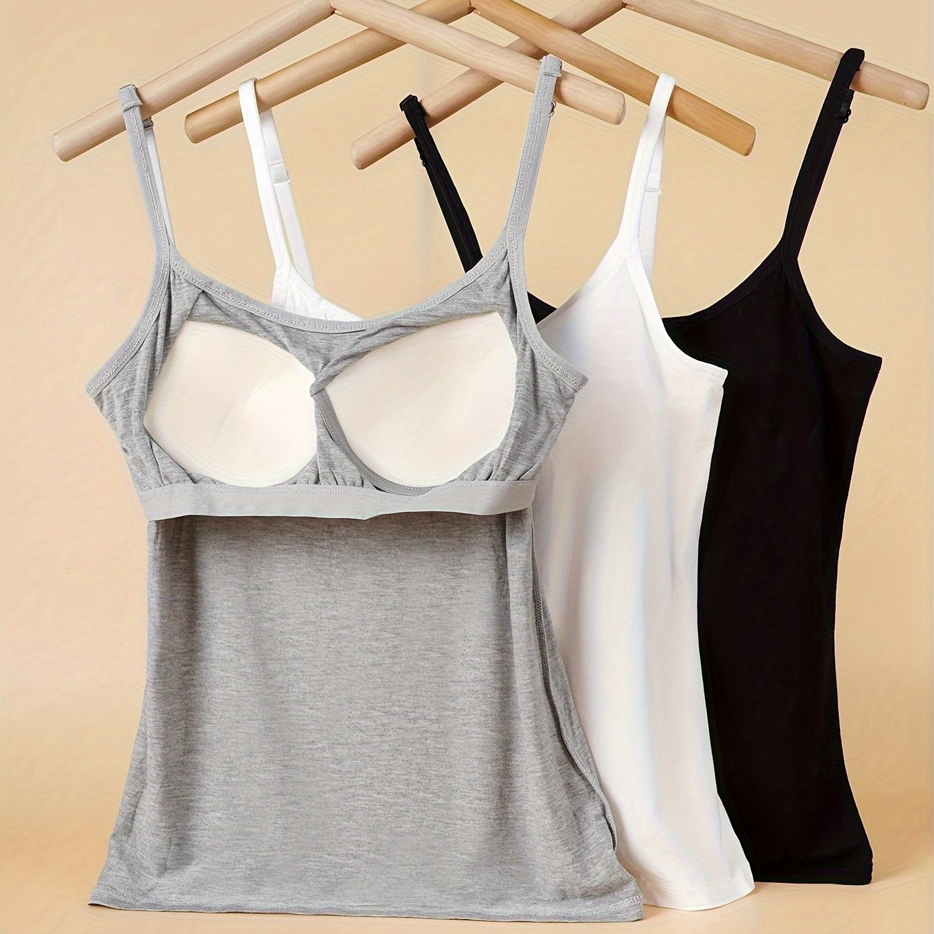 3-pack Padded Camisole Tank Tops, Plus Size, Adjustable Straps, Slimming, Versatile Back Detail, Layering Essentials, Modal Lingerie Set For Spring/summer