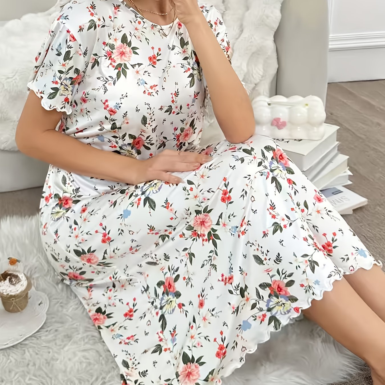 E-shop Damen Nachthemd mit Blumenmuster - Weiche, atmungsaktive Nachtwäsche mit Rundhalsausschnitt, maschinenwaschbare Ganzjahres-Pyjamas, lockere,