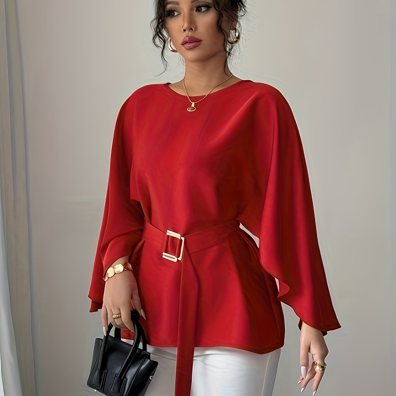 TEMU Round Neck Long Sleeve Loose Waist Tie Elegant Versatile