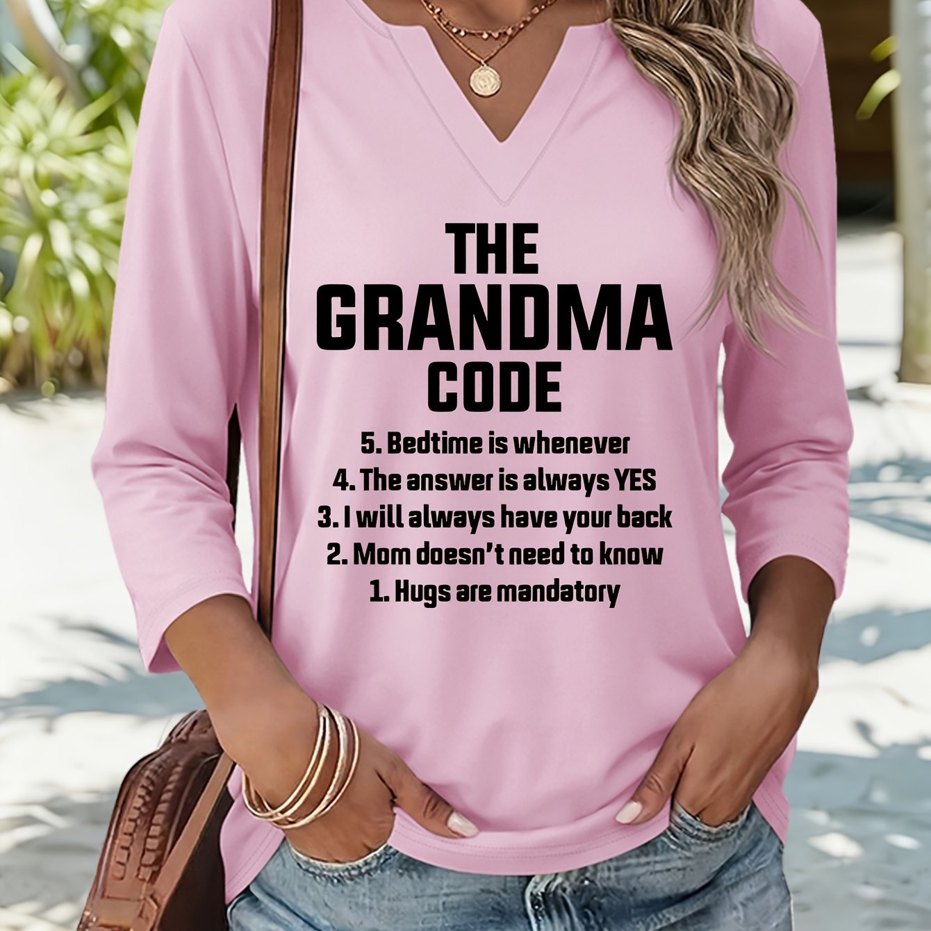 TEMU Letter Print T-shirt, V-neck Three-quarter Sleeve T-shirt, Elegant Solid Color Top For Spring And Summer, Women's Wear