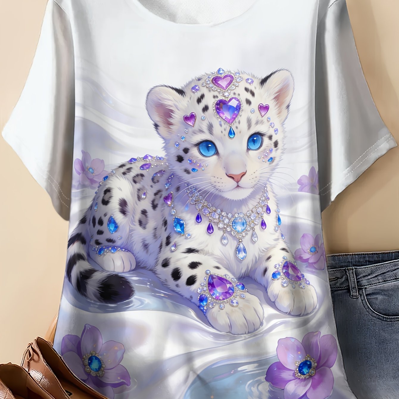 TEMU Plus Size, Plus Size Women's T-shirt With Graphic Print, Round Neck Short Sleeve Summer Top, Cute Gemstone Snow Leopard Floral Print For Casual
