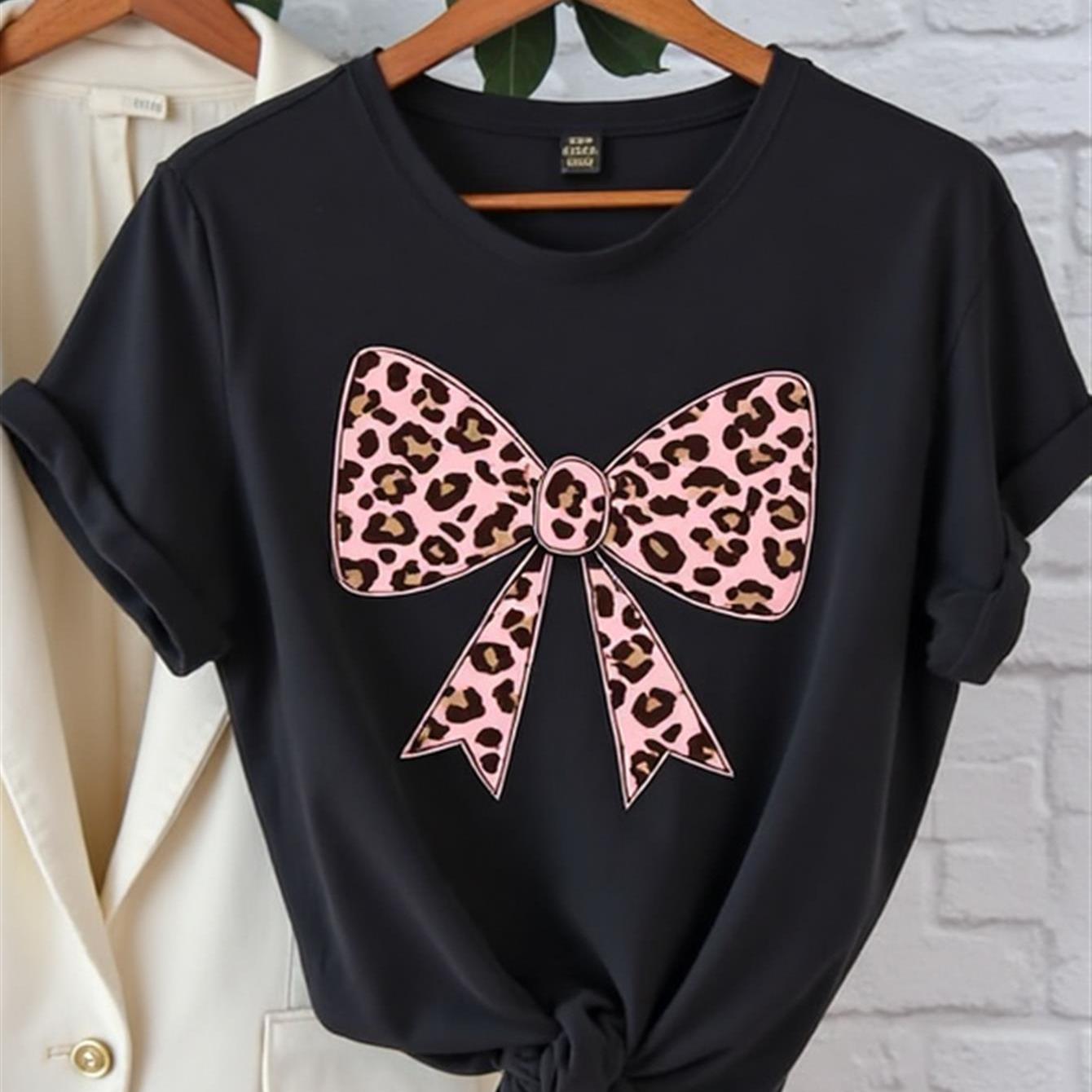 Image of A T-shirt Designed With Pink Leopard Print Bow Theme Women's T-shirt High Quality T-shirt Casual Summer Daily Wear Office Leisure Gift For