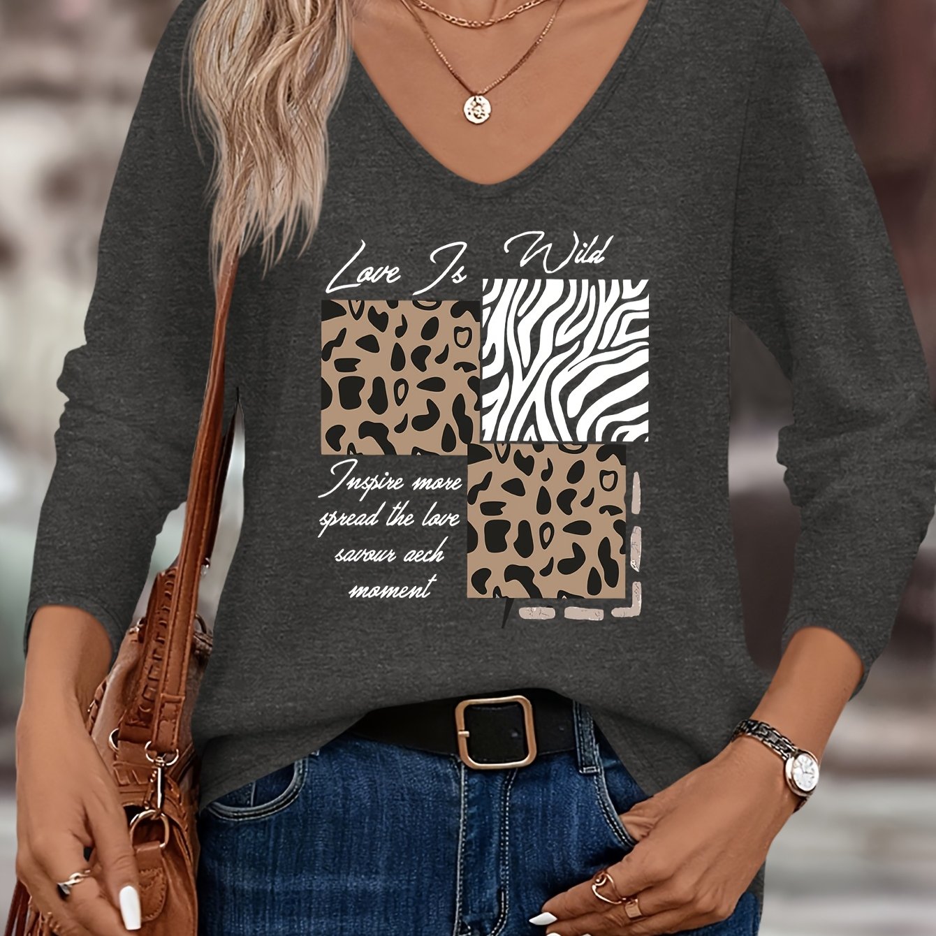 TEMU Leopard Print Zebra Print Fashion Pattern Print Western Style Women's Fall Winter Casual Comfortable Easy Versatile Colored V-neck T-shirt