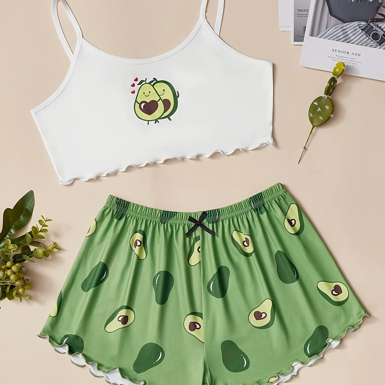 TEMU Ladies' Spring And Summer Printed Pajamas Set. Camisole Top Plus Elastic Waistband Shorts Are