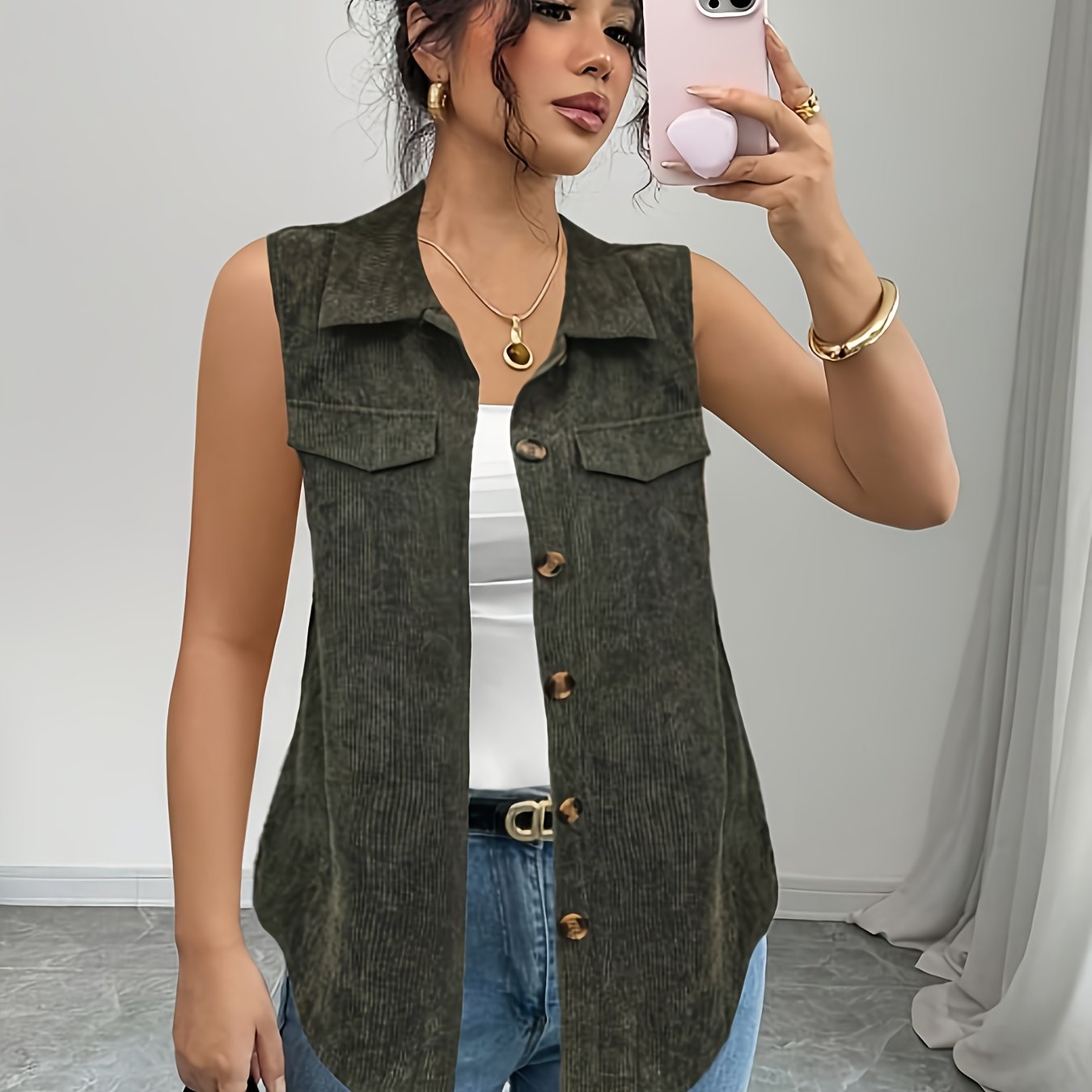 Front-button Corduroy Jacket Vest