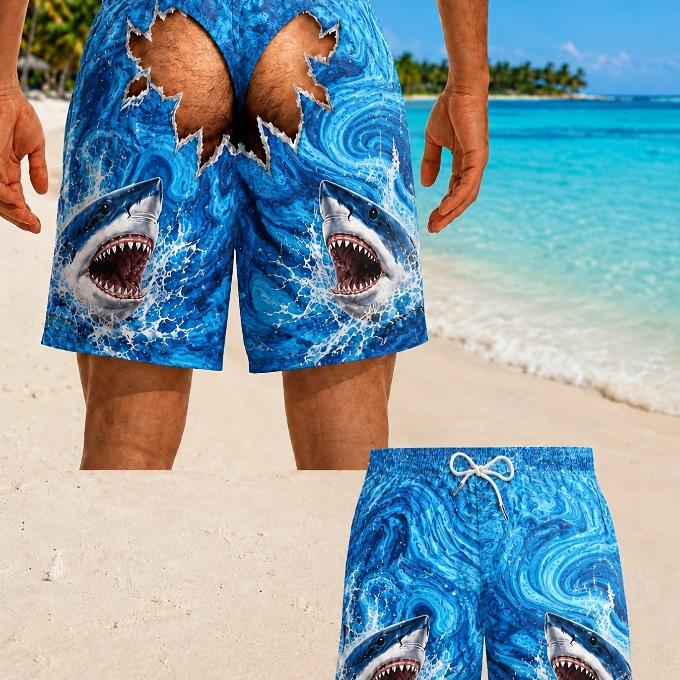 TEMU [print Design - Non-textured] 2026 New Style Men's Blue Wavy Shark Print Swim Trunks, Artistic Ocean Shorts With Ripped Effect, Drawstring