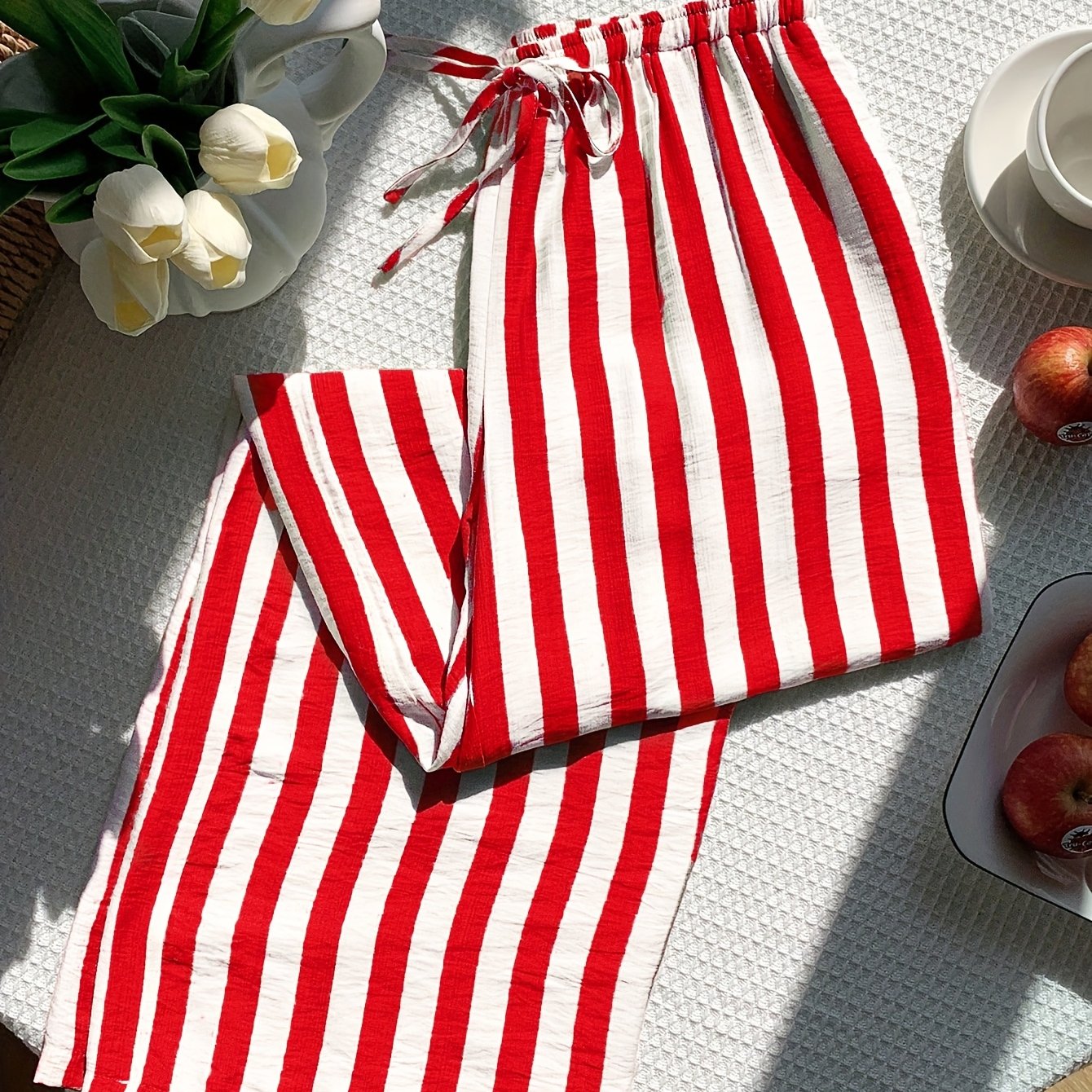E-shop Neue stylische Damen lange gestreifte Hose mit Kordelzug, bequemer, lockerer Schlaghose